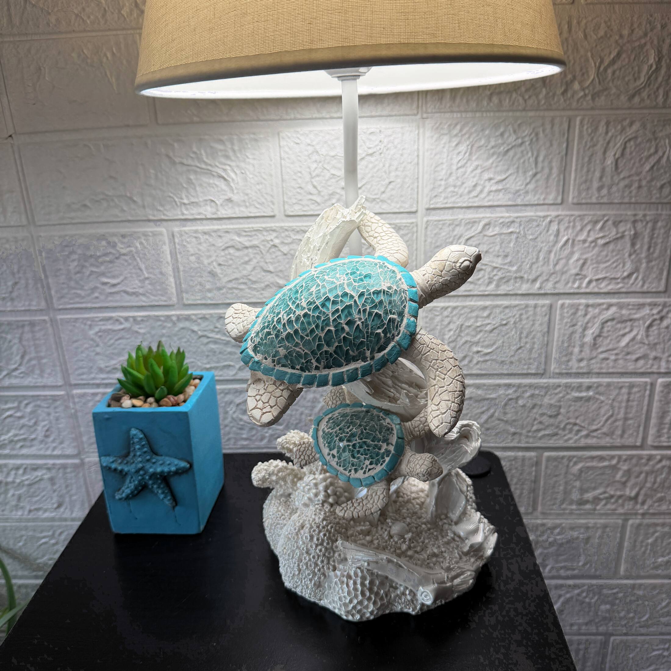 Alt View 3. Fancy That - Set of 2 Resin Sea Turtle Table Lamps with Blue Mosaic Shells, 19 Inch Each - Blue.