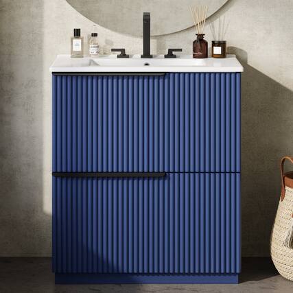 Front. Boyel Living - 30 Inch Bathroom Vanity with Ceramic Sink Full Extension Drawers Soft Close Fluted Design Blue - Blue.