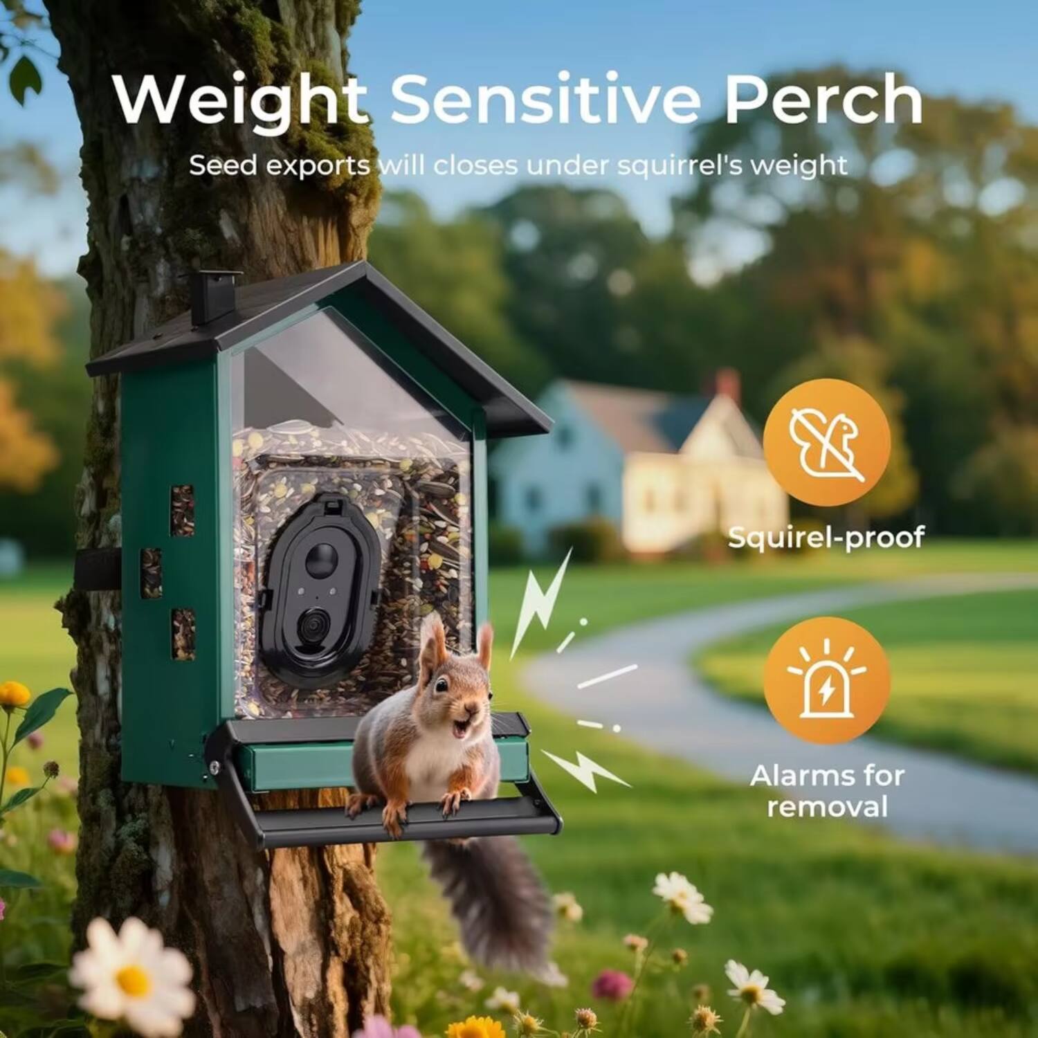 Weight Sensitive Perch  
Seed exports will close under squirrel's weight  

Squirrel-proof  
Alarms for removal