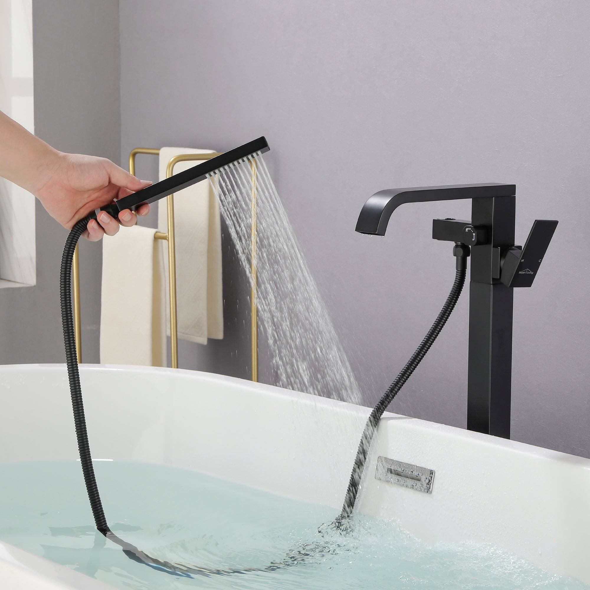 Alt View 10. Boyel Living - Freestanding Floor Mount Single Handle Bath Tub Filler Faucet with Handheld Shower in Matte Black - Matte Black.