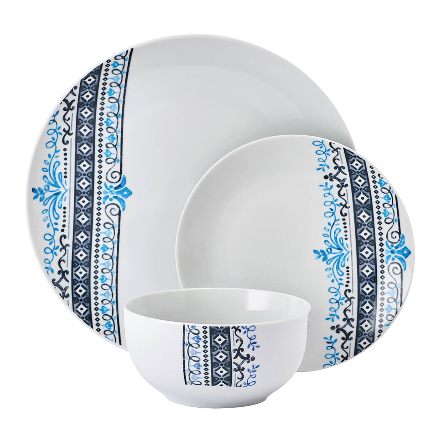 Angle. Studio Nova - 12-Piece Porcelain Dinnerware Set Michele Pattern - White with Blue Vibrant Tones.