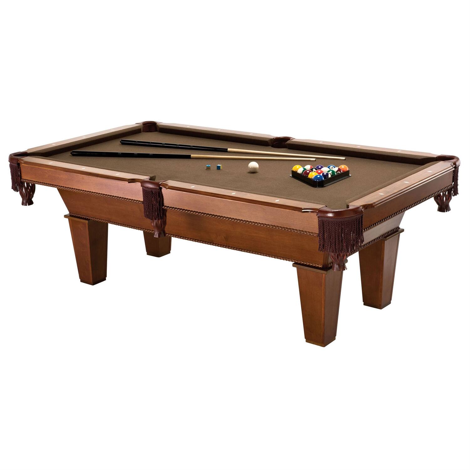 Front. SlickBlue - 7Ft Brown Wool Cloth Pool Table with 2 Cues and Full Billiard Ball Set - Brown, White.