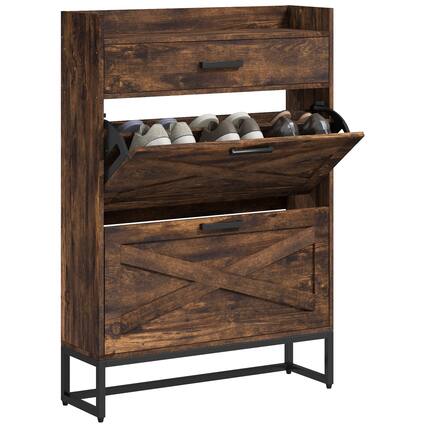 Front. TinyHomie - Narrow Shoe Cabinet with 2 Flip Doors and Top Drawer Brown - Rustic Brown.