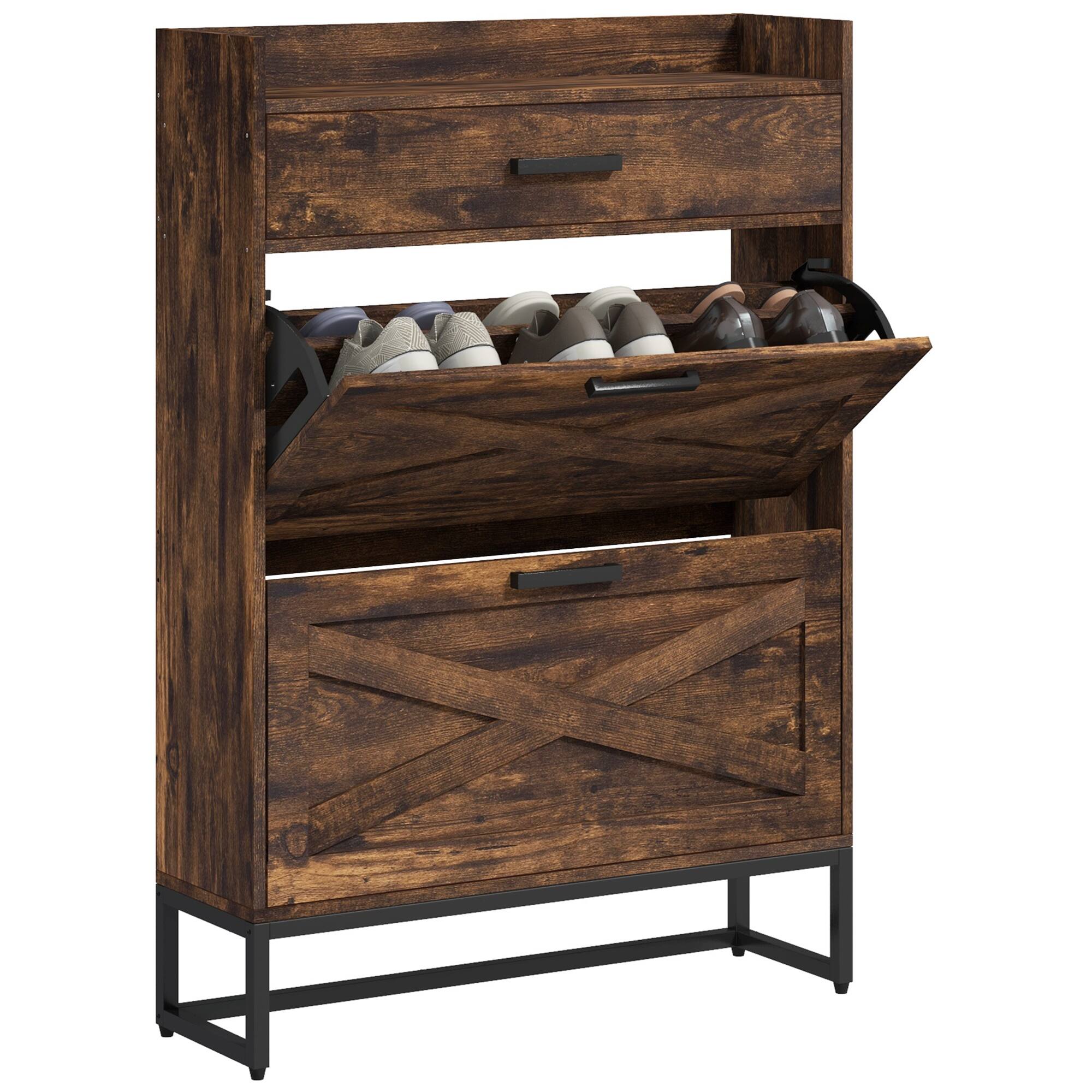 Front. TinyHomie - Narrow Shoe Cabinet with 2 Flip Doors and Top Drawer Brown - Rustic Brown.