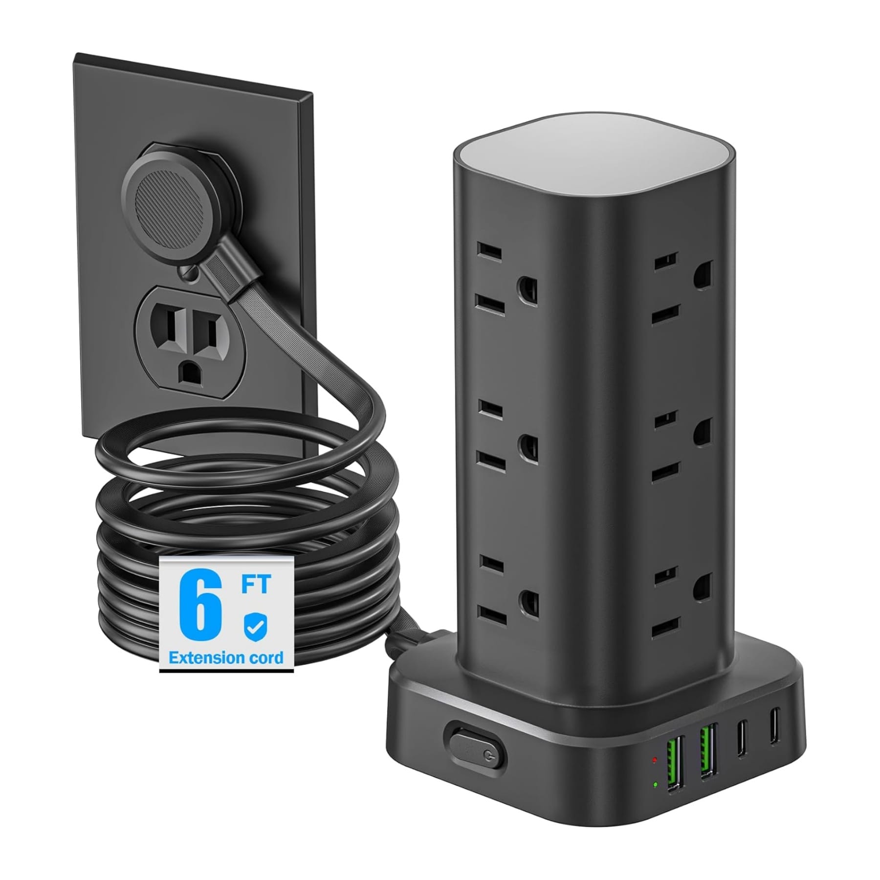 Dazzed Corner - 6FT Tower Power Strip with Surge Protector,12 AC Outlets 4 USB Ports - Black