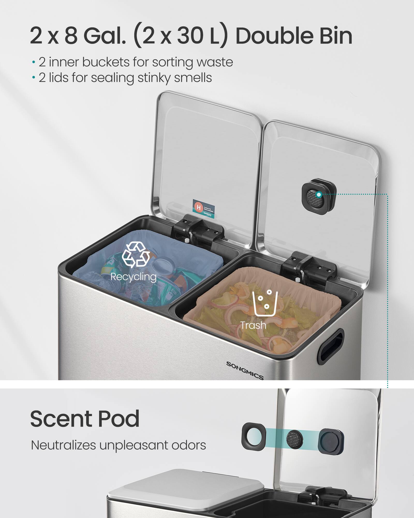 2 x 8 Gal. (2 x 30 L) Double Bin

- 2 inner buckets for sorting waste
- 2 lids for sealing stinky smells

Recycling Trash

SONGMICS

Scent Pod

Neutralizes unpleasant odors
