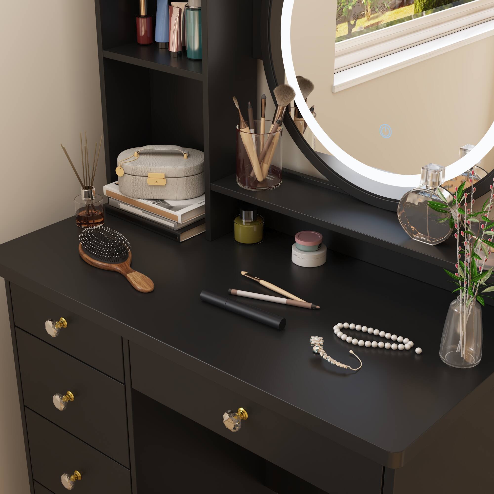 Alt View 6. Famapy - Multi-Color LED Vanity Table Set Ultimate Makeup Solution with Smart Storage Dressers - Black.