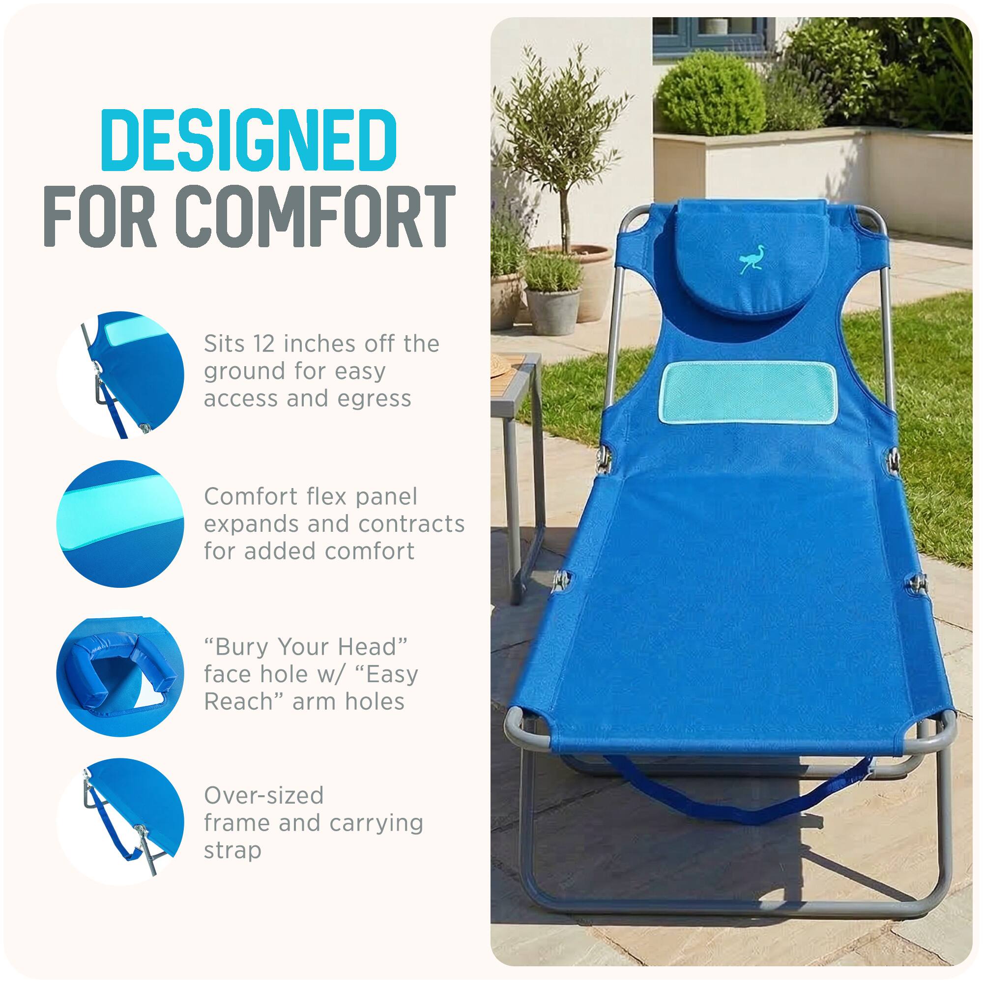 DESIGNED FOR COMFORT

- Sits 12 inches off the ground for easy access and egress
- Comfort flex panel expands and contracts for added comfort
- "Bury Your Head" face hole w/ "Easy Reach" arm holes
- Over-sized frame and carrying strap