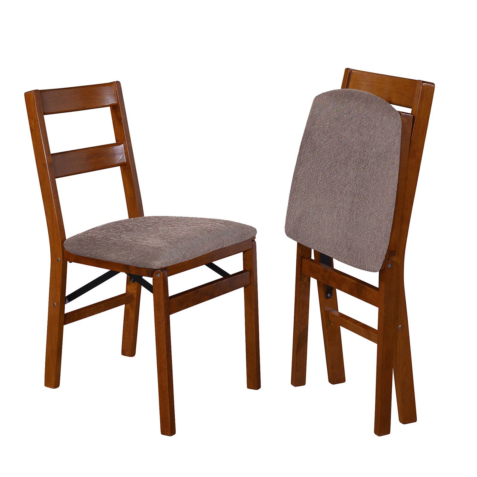 Stakmore - Slat Back Folding Chair, Fruitwood Frame with Colton Fabric (Set of 2) - Fruitwood Finish