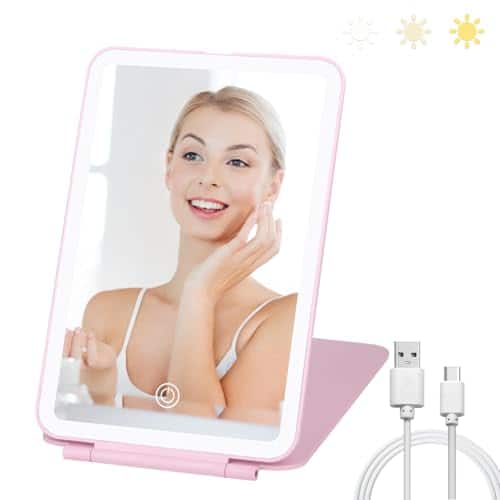 Pacoar Cade - Travel Makeup Mirror With Colors Light Modes Folding Vanity Lights Brightness Ultra Thin - Pink