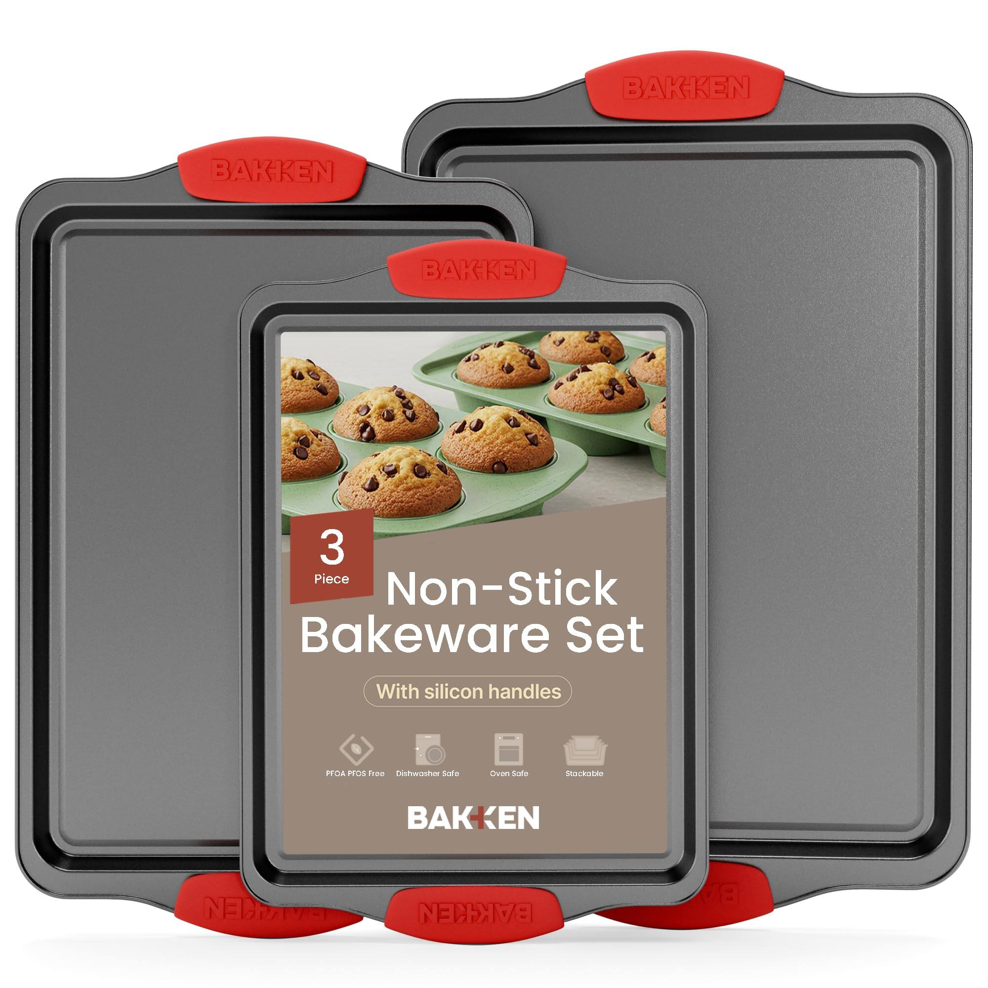 BAKKEN  
3 Piece Non-Stick Bakeware Set  
With silicon handles  
PFOA PFOS free Dishwasher Safe  
Oven Safe  
Stackable