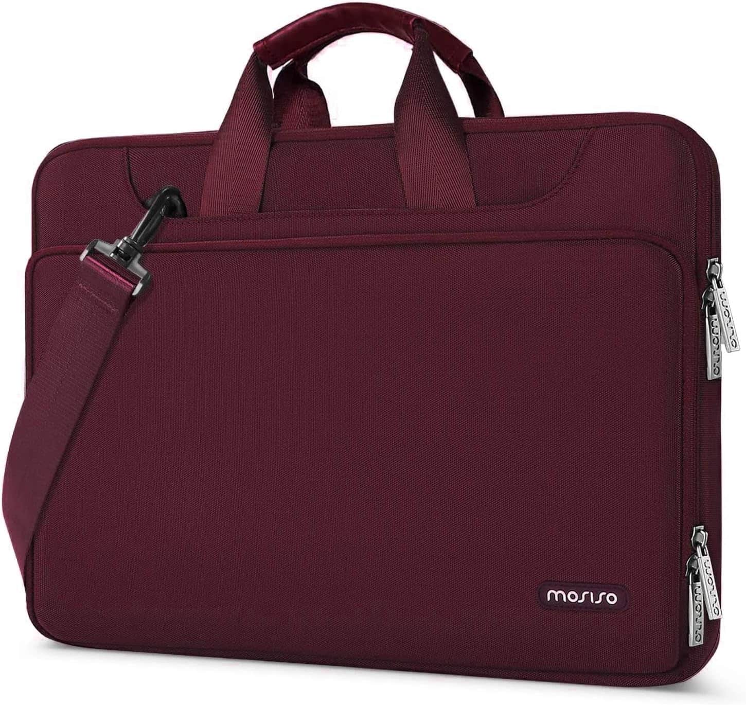 mosiso - 360 Protective Laptop Bag 13.3 inch, Computer Carrying Case with Shoulder Strap for MacBook Air Pro 13 14 HP Dell - Wine Red