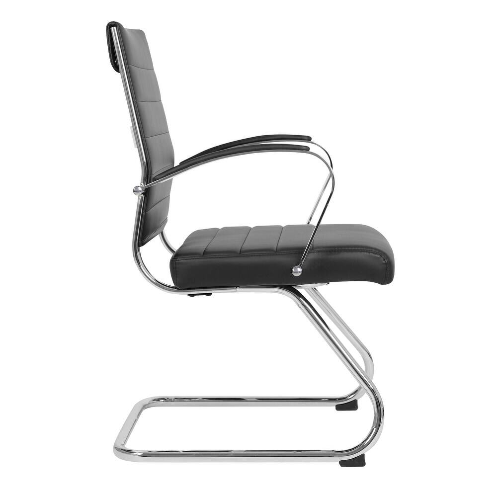 Alt View 4. LeisureMod - Benmar Office Chair, Ribbed Leather Upholstery with Chrome Arms and Sled Base, Modern Desk Seating for Home or Office - Black.