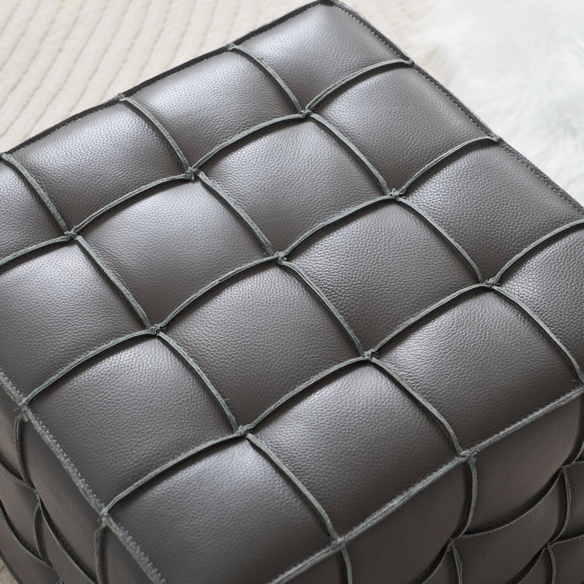 Back. GOODSILO - Genuine Leather Tufted Ottoman with Solid Wood Frame for Living Room and Bedroom Footrest and Seating - Grey.