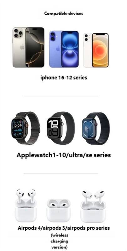 Compatible devices

iphone 16-12 series

Applewatch 1-10/ultra/se series

Airpods 4/airpods 3/airpods pro series (wireless charging version)