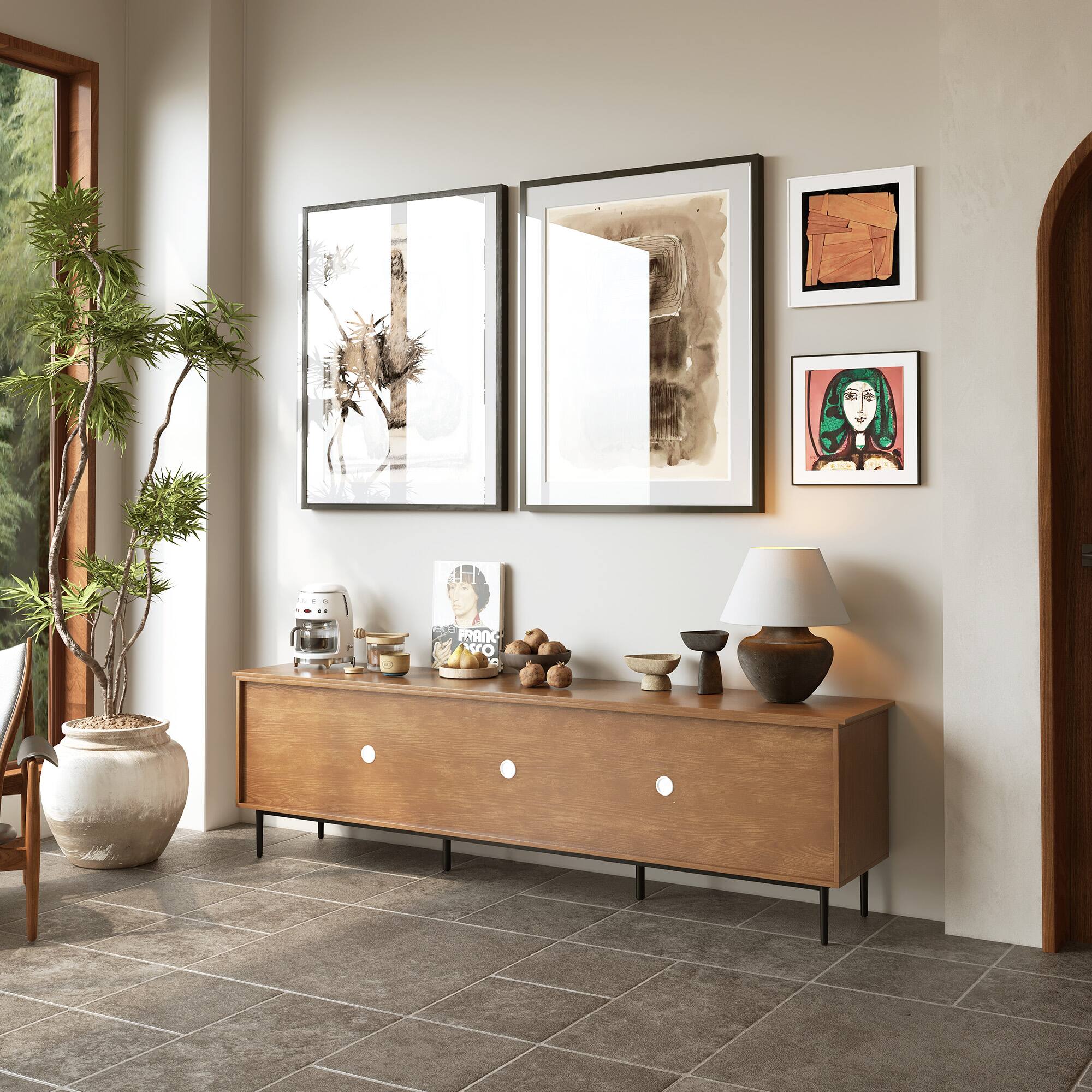 Alt View 4. luck idea - 86.61" Modern TV Stand with Multi Drawers, Metal Legs, Ventilation Holes - Walnut Color.