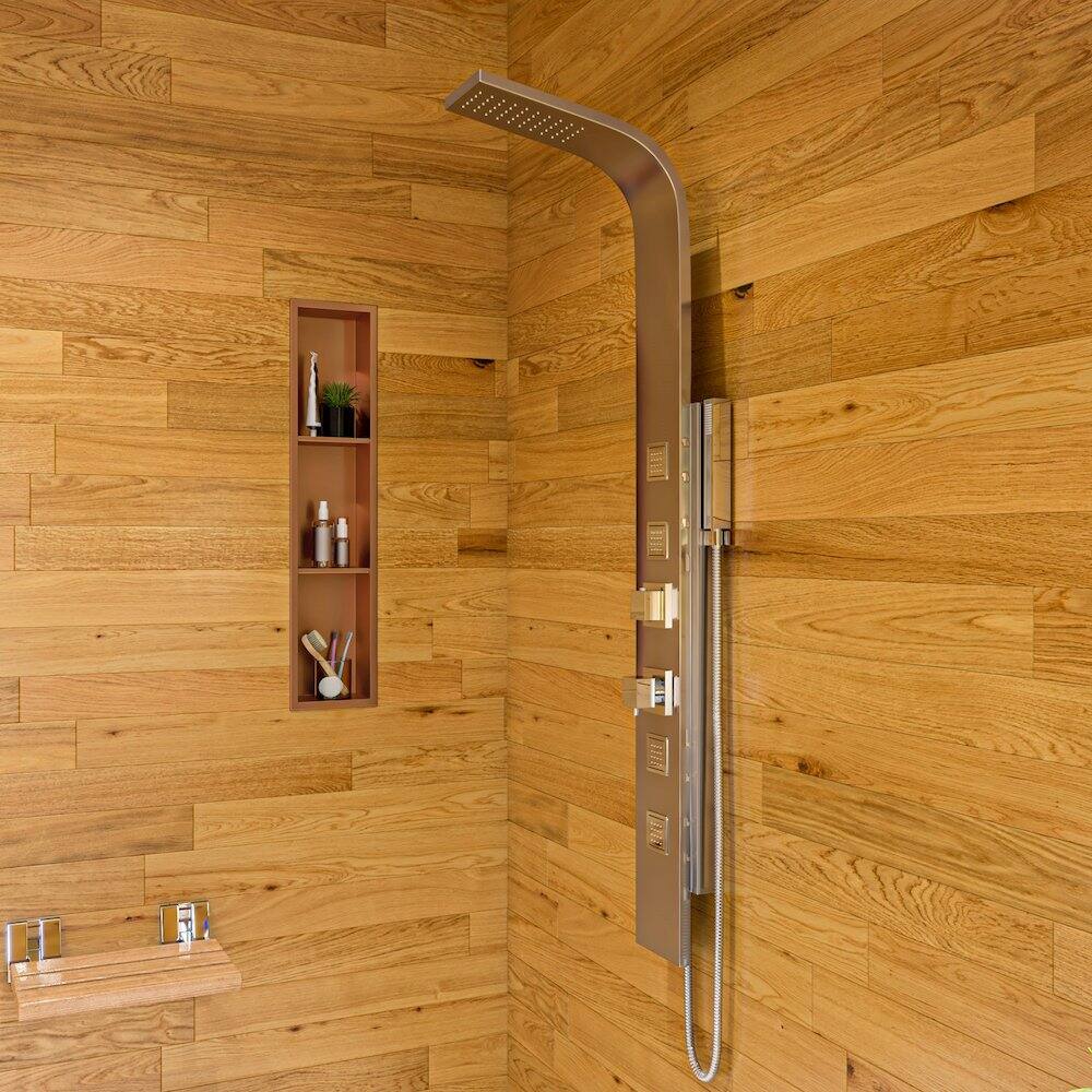 Alt View 1. Alfi - Polished Chrome 16" Folding Teak Wood Shower Seat Bench - Brown.