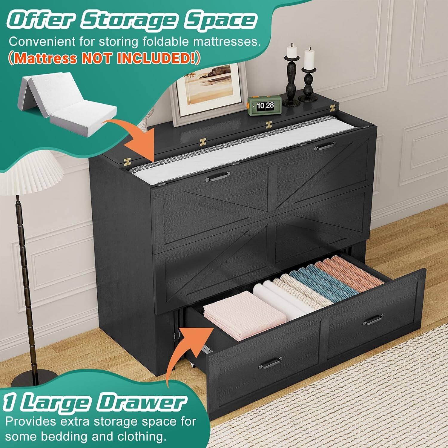 Offer Storage Space  
Convenient for storing foldable mattresses.  
(Mattress NOT INCLUDED!)  

1 Large Drawer  
Provides extra storage space for some bedding and clothing.