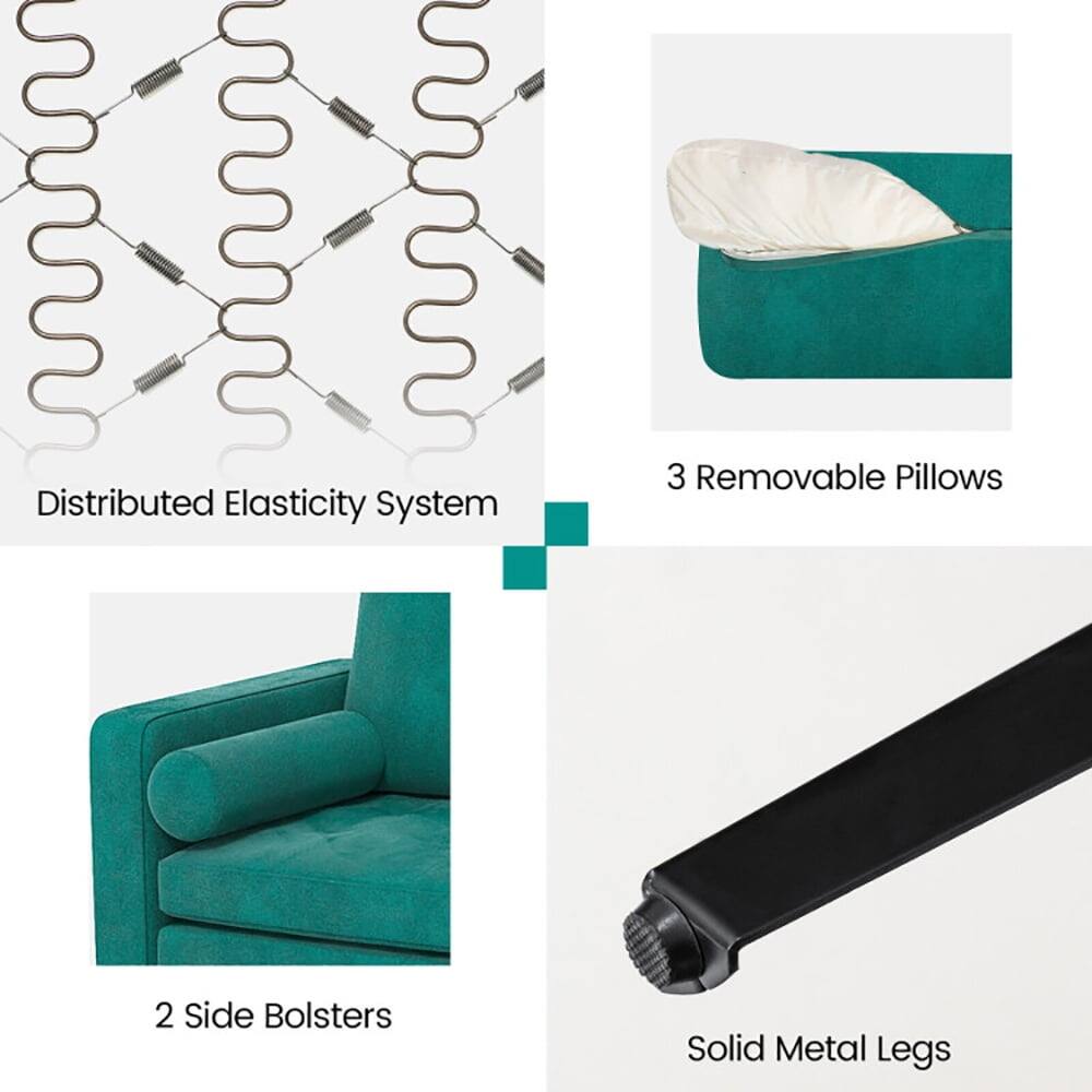 - Distributed Elasticity System
- 3 Removable Pillows
- 2 Side Bolsters
- Solid Metal Legs