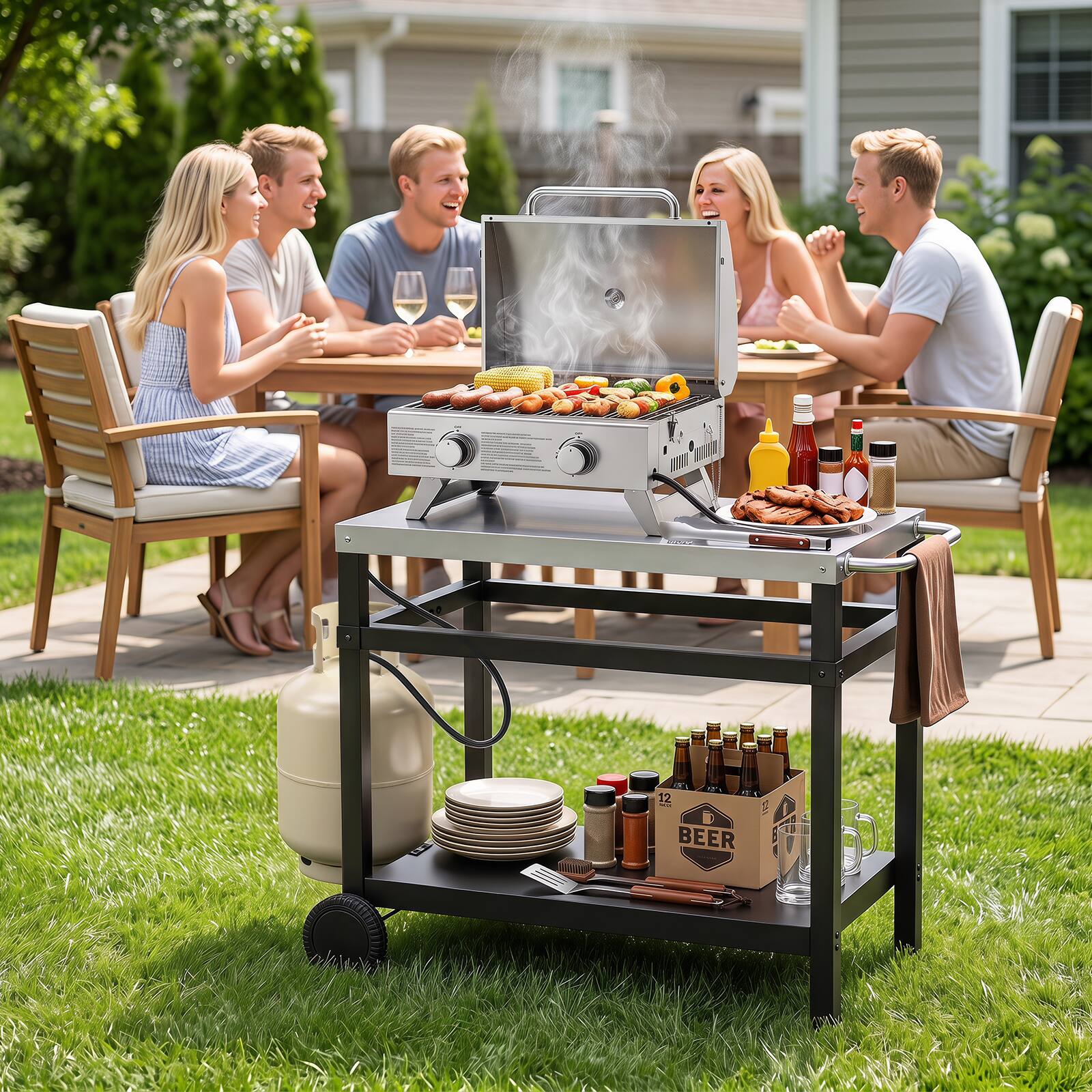 Alt View 3. Gymax - Gymax Double-Shelf Grill Table w/Tank Holder Side Handle 34'' x 20'' Stainless Steel Top - Black.