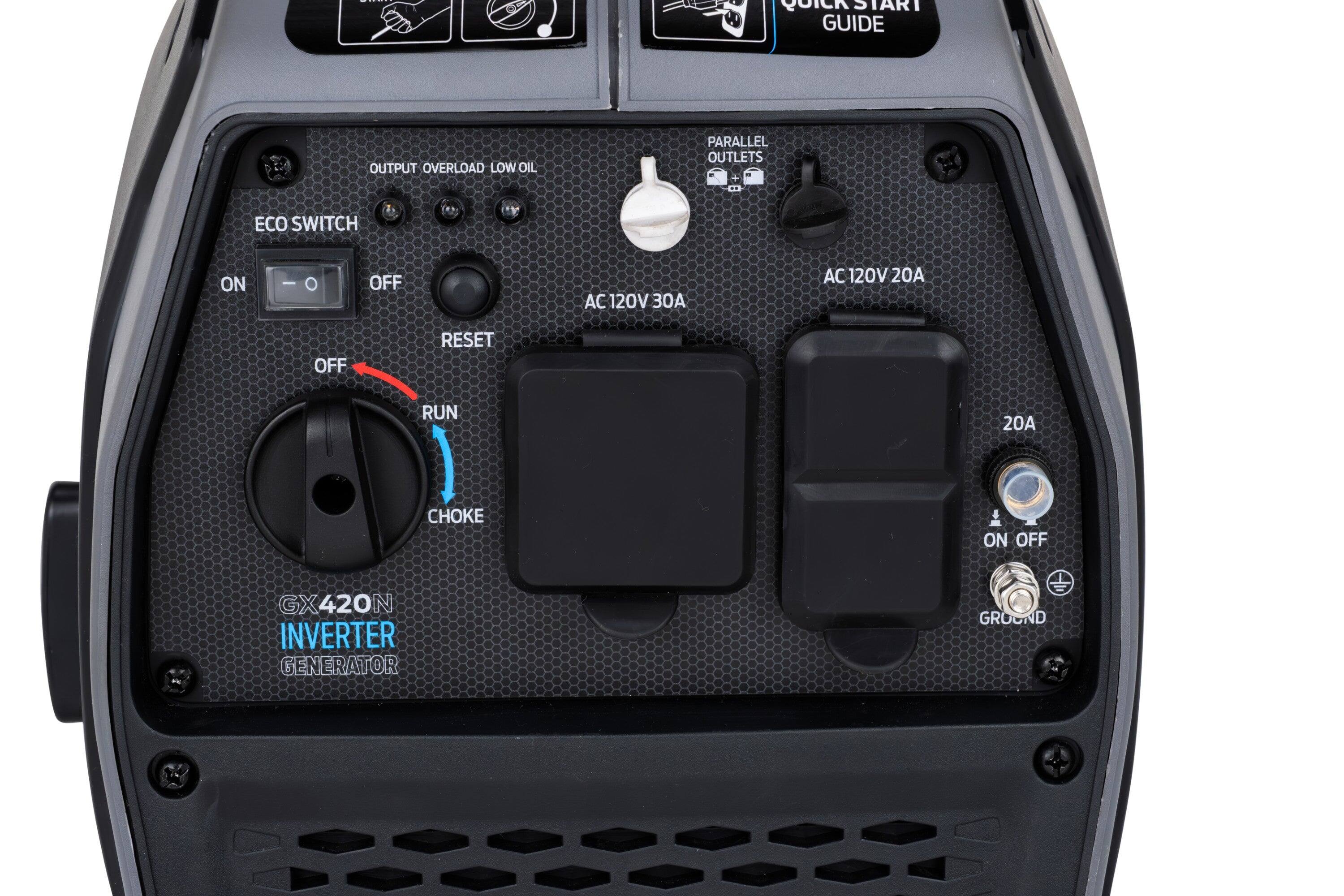 QUICK START GUIDE

OUTPUT OVERLOAD LOW OIL

ECO SWITCH ON OFF

AC 120V 30A

AC 120V 20A

PARALLEL OUTLETS

RESET

RUN

CHOKE ON OFF

GX420N INVERTER GENERATOR

GROUND