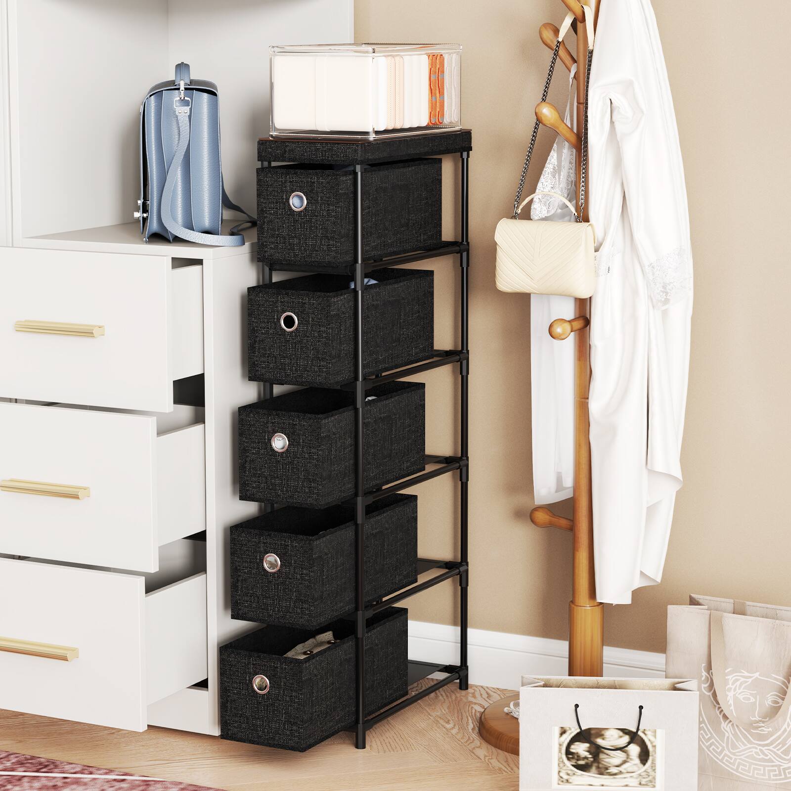 Alt View 5. Gymax - Gymax Slim Dresser w/ 5-Drawer Anti-tip Kits Space-Saving Chest of 5 Fabric Drawers - Black.