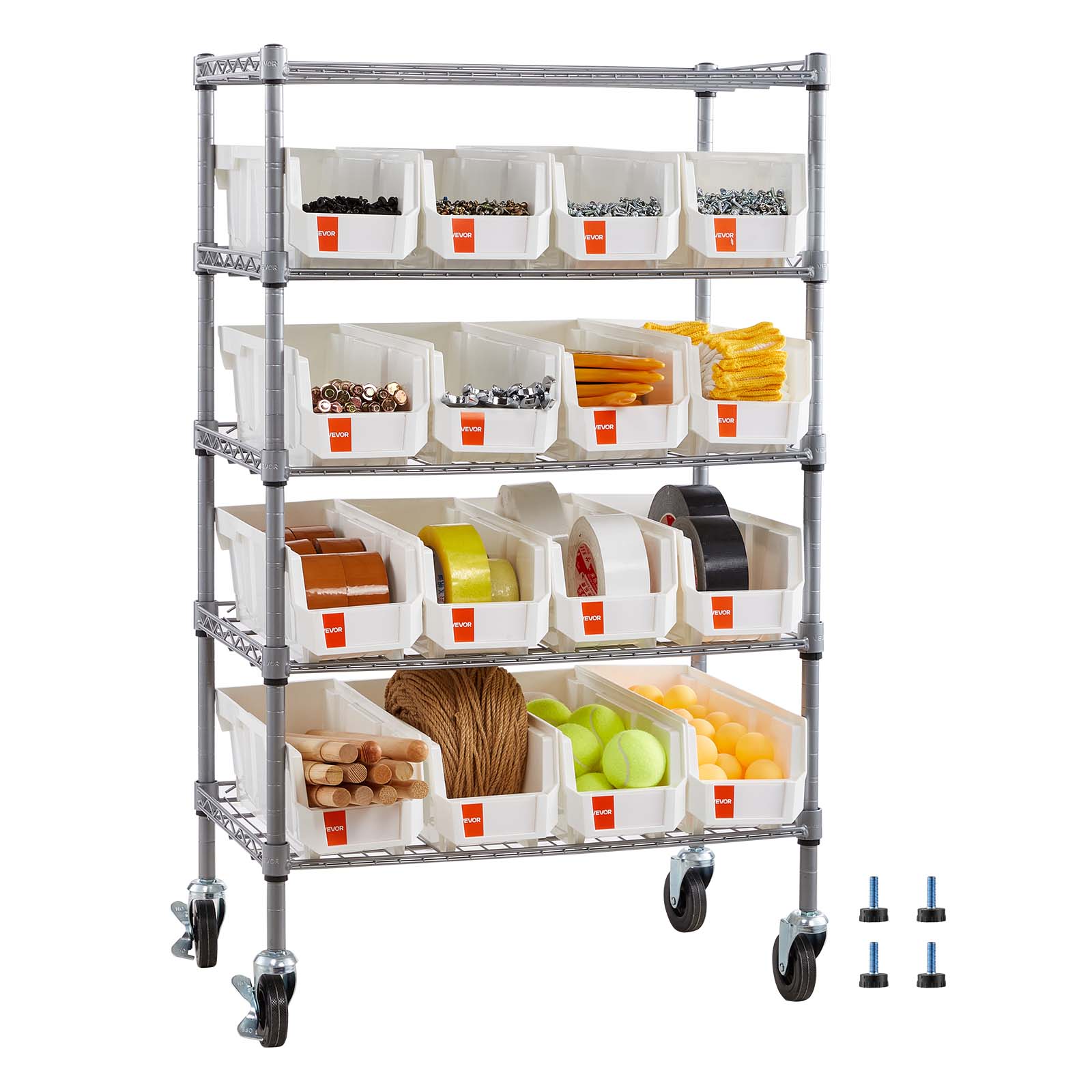 VEVOR - 5-Tier Rolling Bin Storage Rack, 16 Organizer Bins, Bin Rack Storage Steel Wire Shelving System with Wheels - Silver