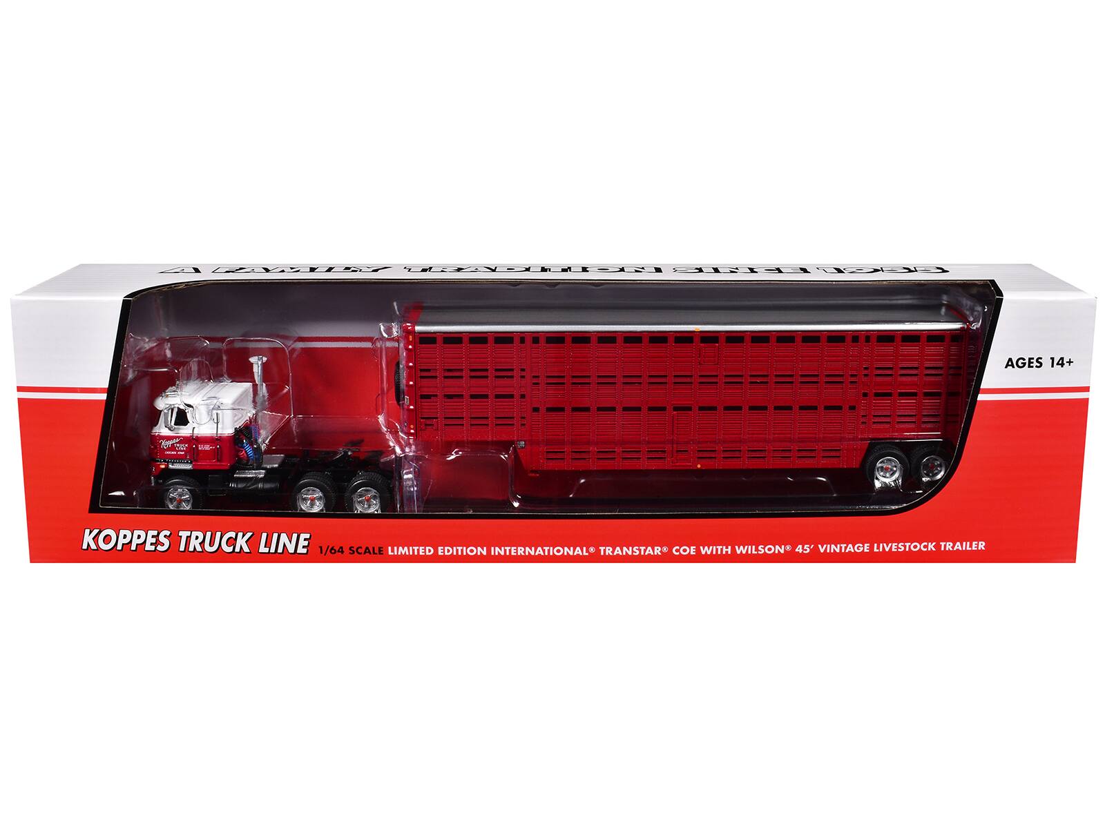 KOPPES TRUCK LINE  
1/64 SCALE LIMITED EDITION INTERNATIONAL TRANSTAR® COE WITH WILSON® 45' VINTAGE LIVESTOCK TRAILER  

AGES 14+