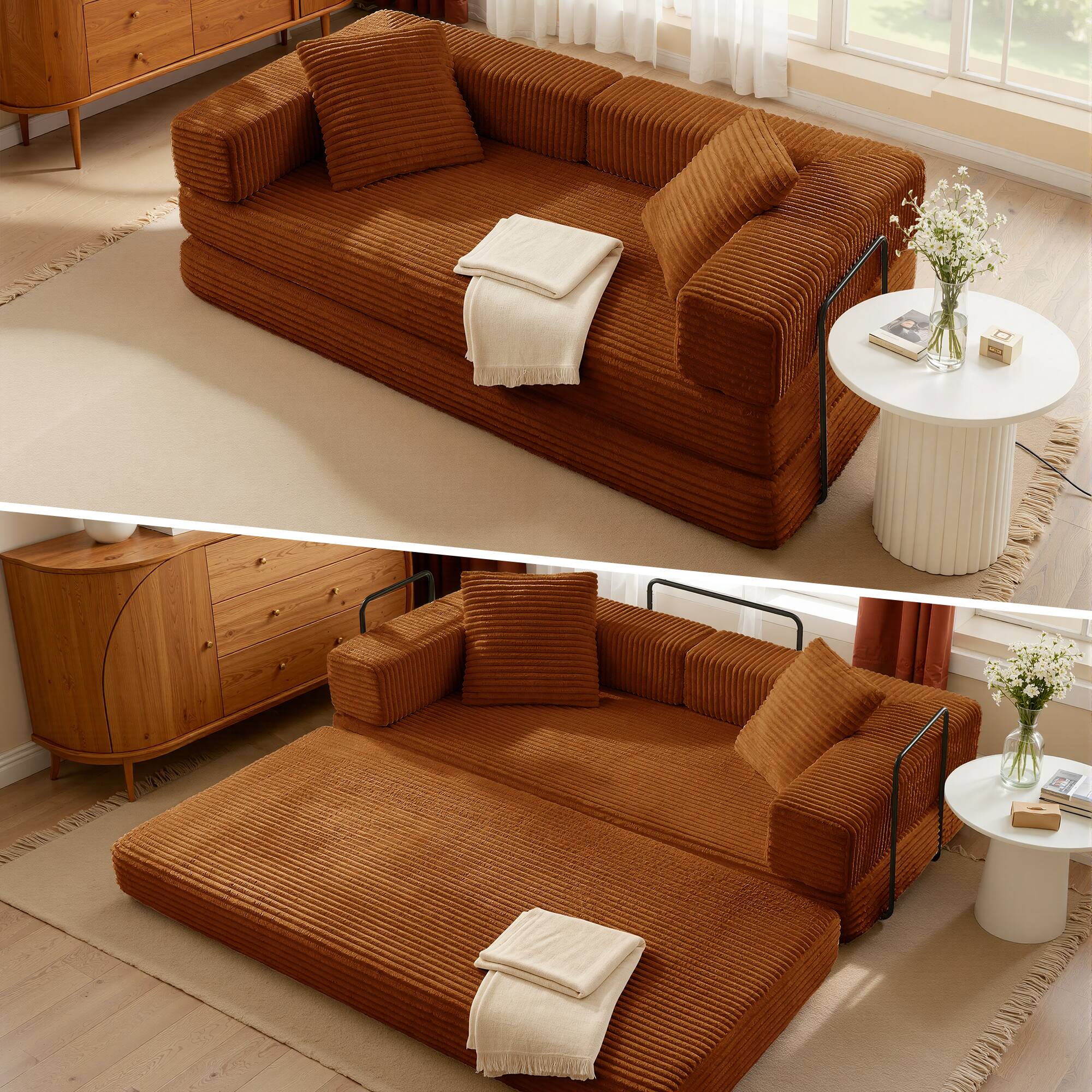 Back. Meqiodas - 81''Convertible Sofa Bed, Folding Floor Couch with Square Armrest, Comfy Sleeper Mattress for Living Room - Orange.