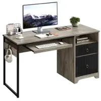 Bestier 55-Inch Gaming Desk with Keyboard Tray Modern Computer Desk with Storage File Drawer Fluted Panel 2 Hooks - Grey Wash - Front_Zoom