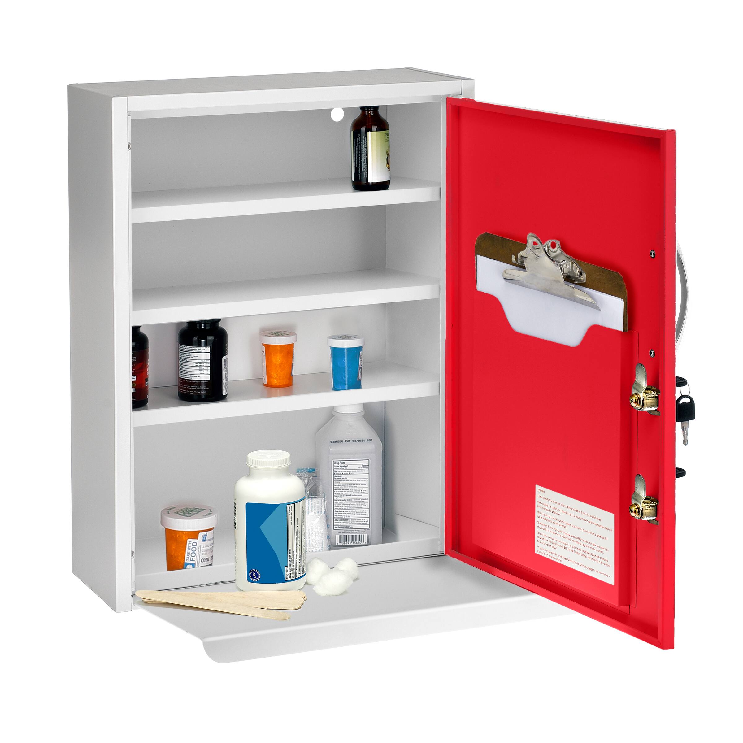 Left. Viva Comfort - Medicine Cabinet, Surface Mount Locking Bathroom Security Cabinet with Shelf and Pocket - Red.