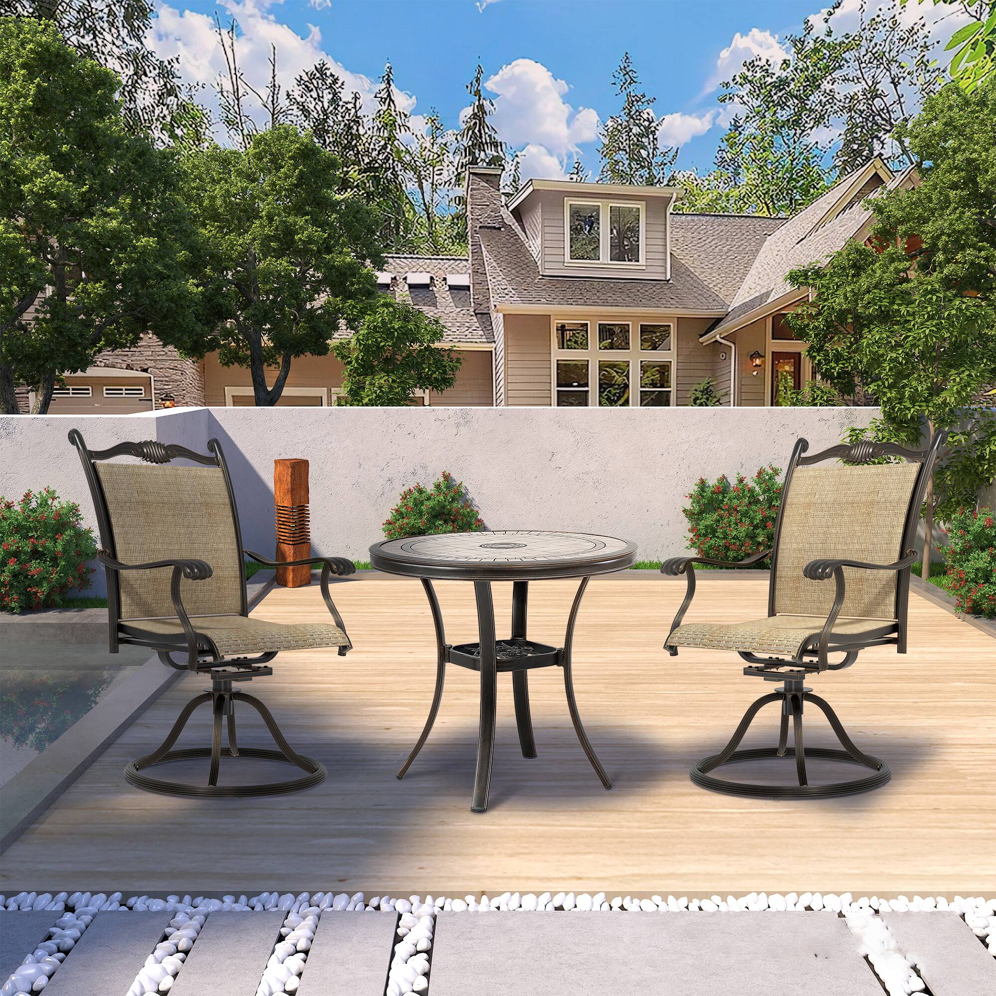 Angle. Mondawe - 2-Piece Cast Aluminum Textilene Swivel Chairs - Brown.