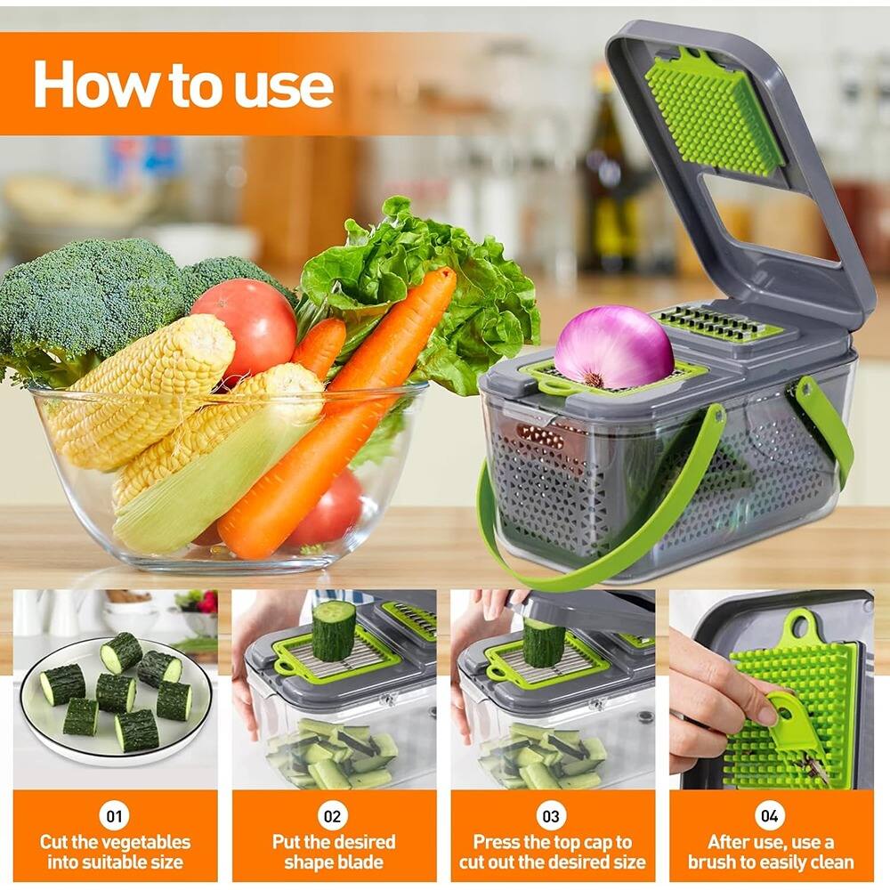 How to use

01 Cut the vegetables into suitable size

02 Put the desired shape blade

03 Press the top cap to cut out the desired size

04 After use, use a brush to easily clean