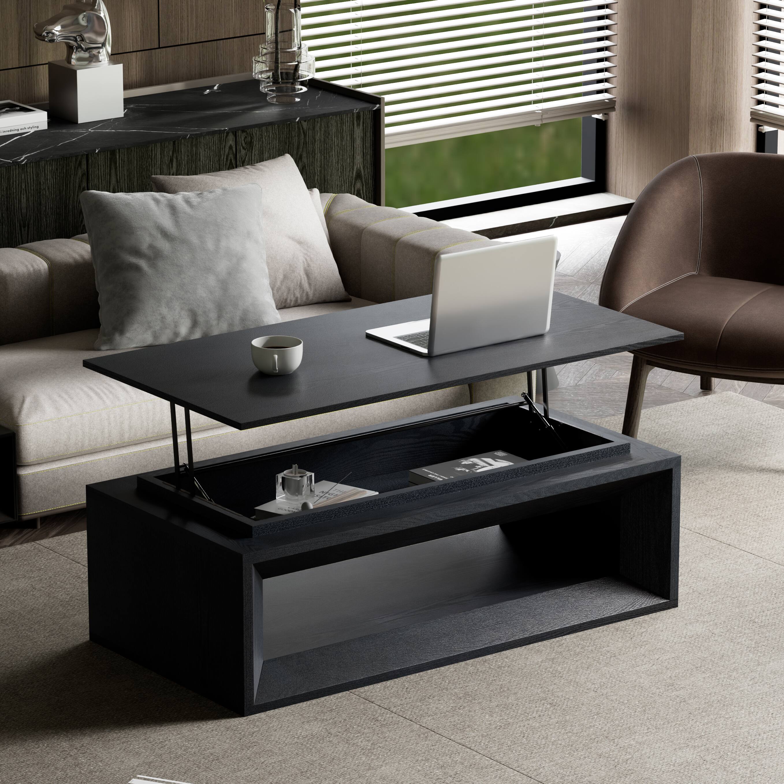 Left. Loheer - Loheer Black Lift Top Coffee Table with Storage Modern Rising Floating Tabletop Center Table - Black.