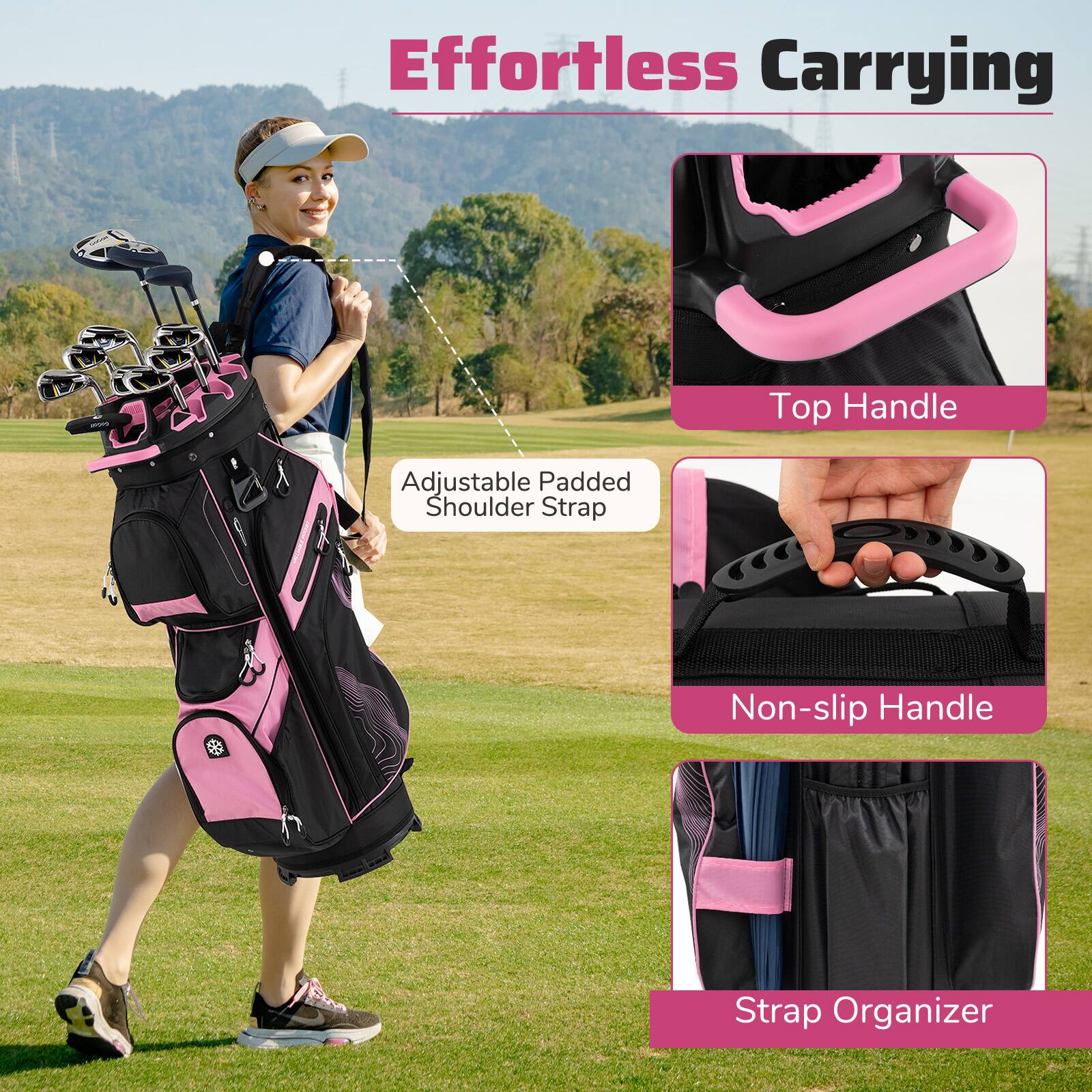 Effortless Carrying

- Adjustable Padded Shoulder Strap
- Top Handle
- Non-slip Handle
- Strap Organizer