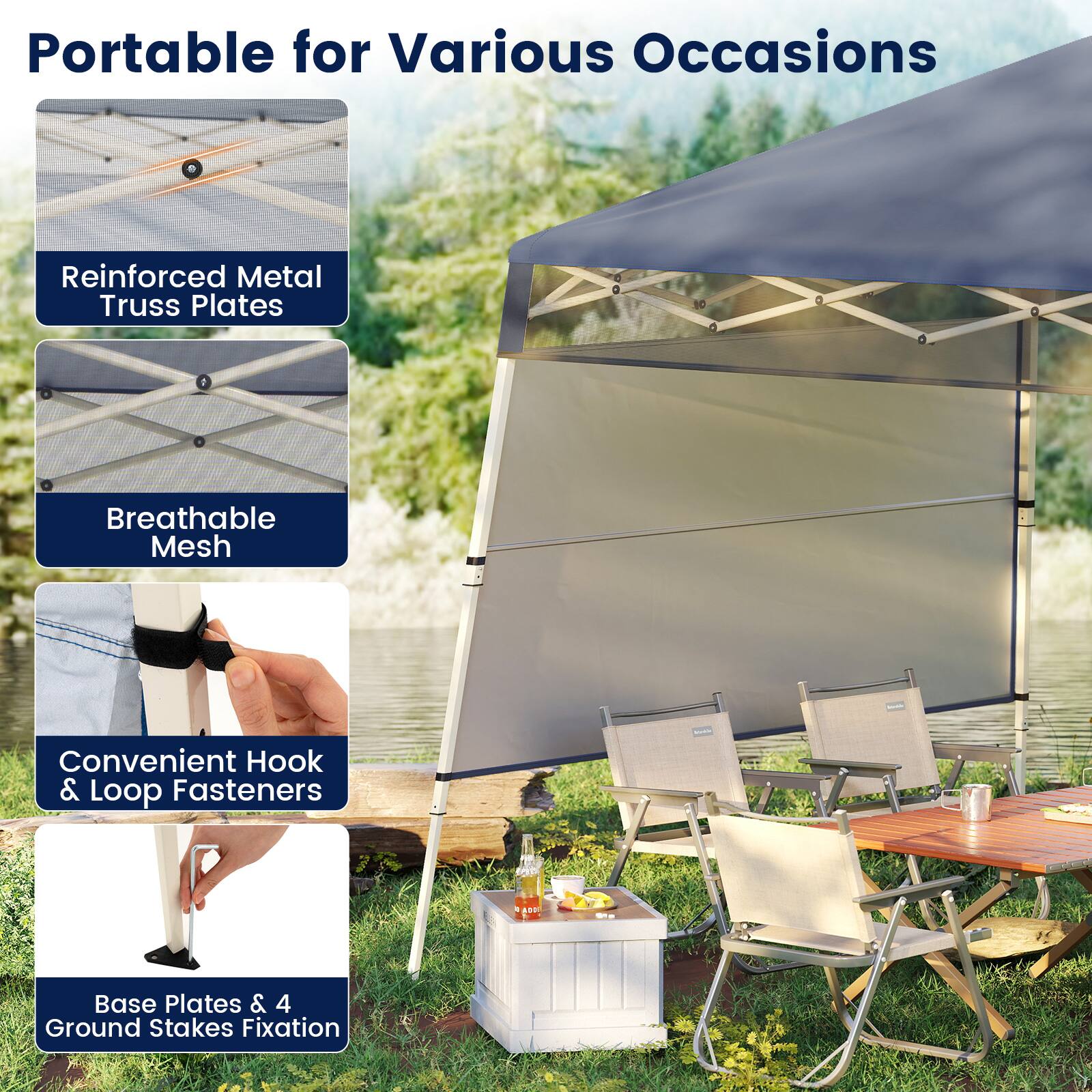 Portable for Various Occasions

- Reinforced Metal Truss Plates
- Breathable Mesh
- Convenient Hook & Loop Fasteners
- Base Plates & 4 Ground Stakes Fixation