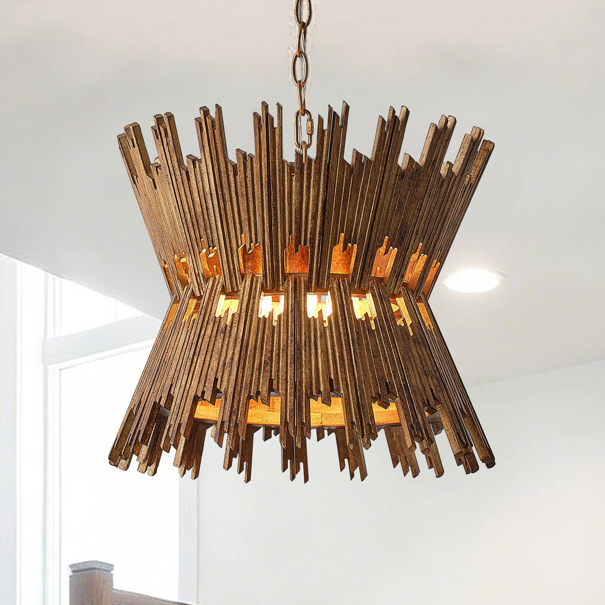 Angle. Vaczon - 4-Light Vintage Wood Adjustable Chandelier Dimmable Statement Ceiling Light Fixture for Dining Room and Entryway - Gold.