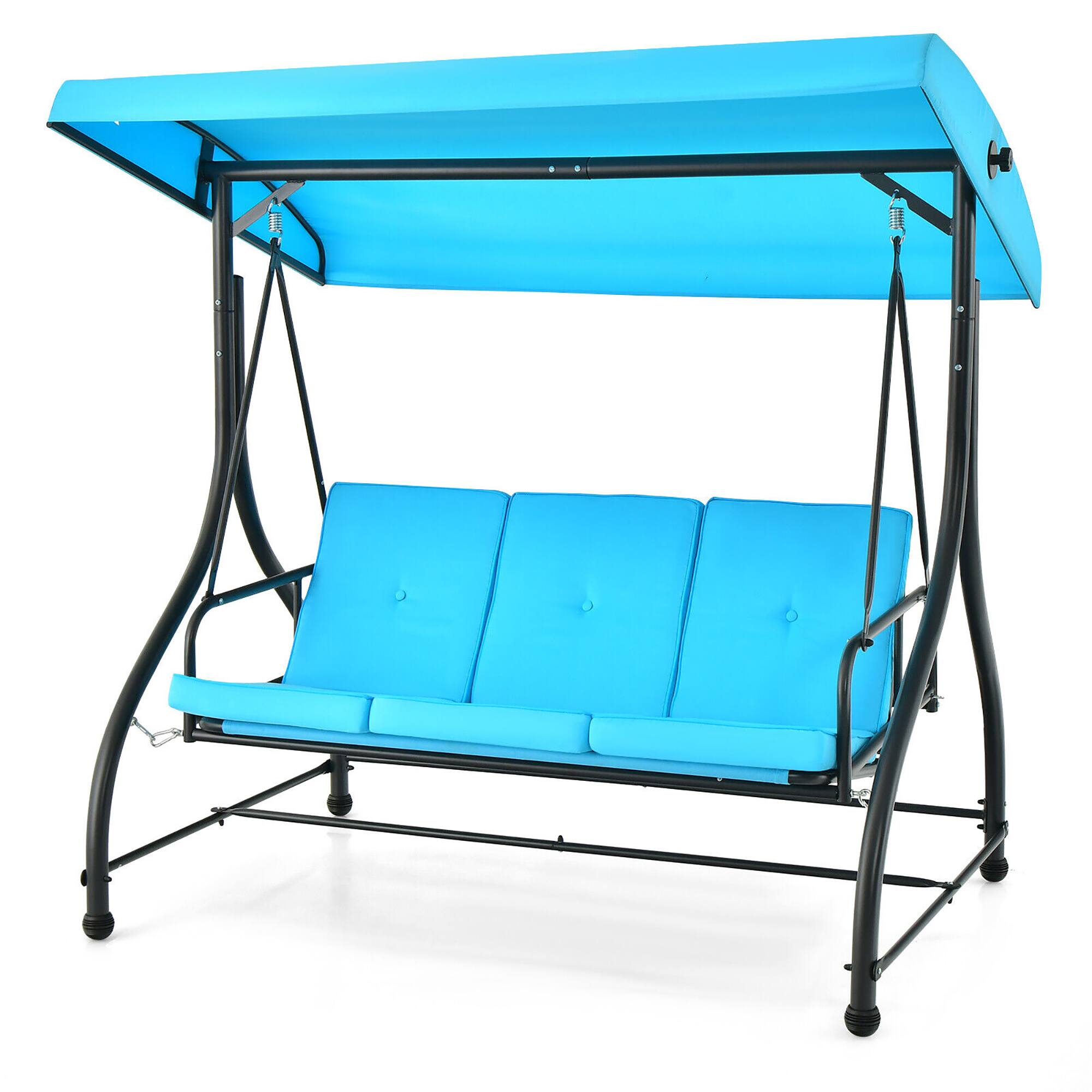 Gymax - 3-Seat Outdoor Converting Patio Swing Glider Adjustable Canopy Porch Swing - Blue