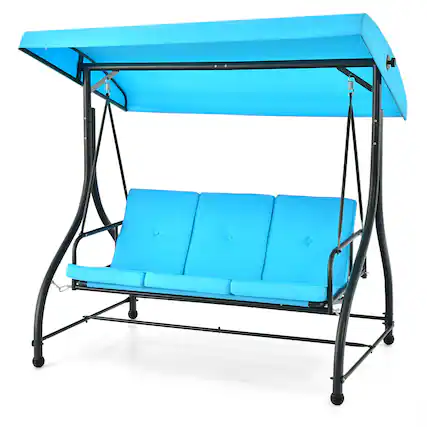 Front. Gymax - Gymax 3-Seat Outdoor Converting Patio Swing Glider Adjustable Canopy Porch Swing Blue - Blue.