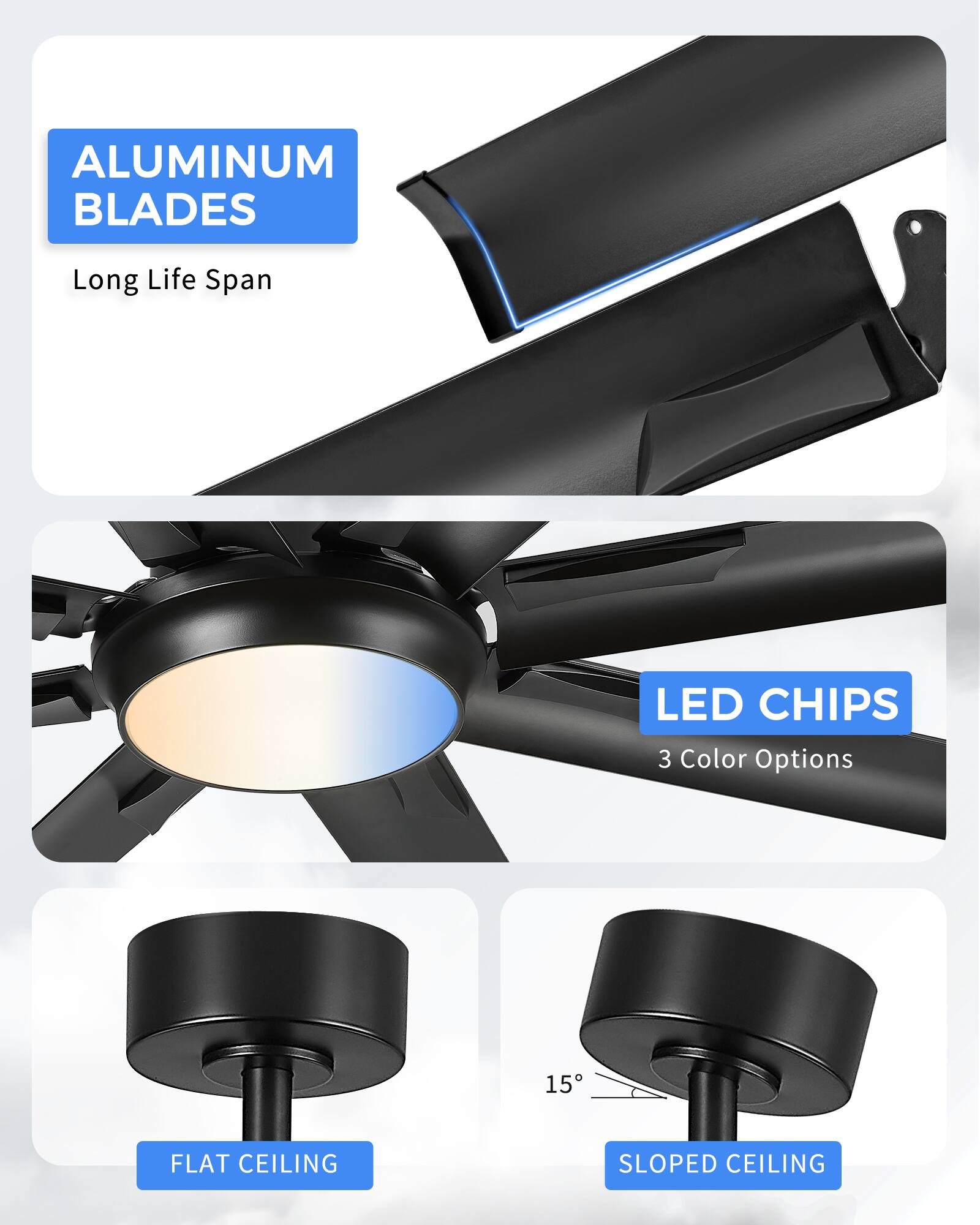 ALUMINUM BLADES  
Long Life Span  

LED CHIPS  
3 Color Options  

FLAT CEILING  

SLOPED CEILING  
15°