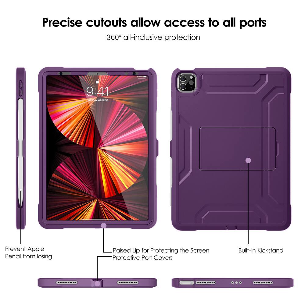 Precise cutouts allow access to all ports  
360° all-inclusive protection  

- Prevent Apple Pencil from losing  
- Raised Lip for Protecting the Screen  
- Protective Port Covers  
- Built-in Kickstand