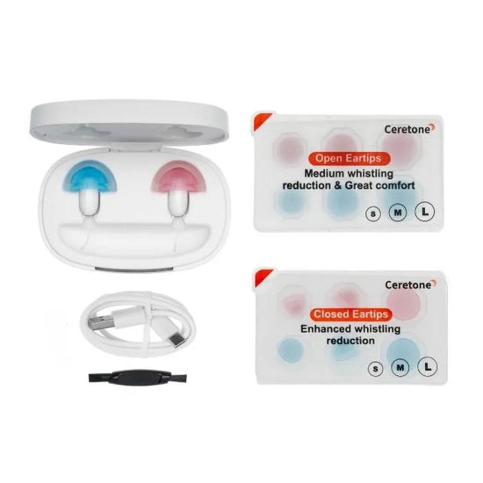 Ceretone Open Eartips  
Medium whistling reduction & Great comfort  
S M L  

Ceretone Closed Eartips  
Enhanced whistling reduction  
S M L