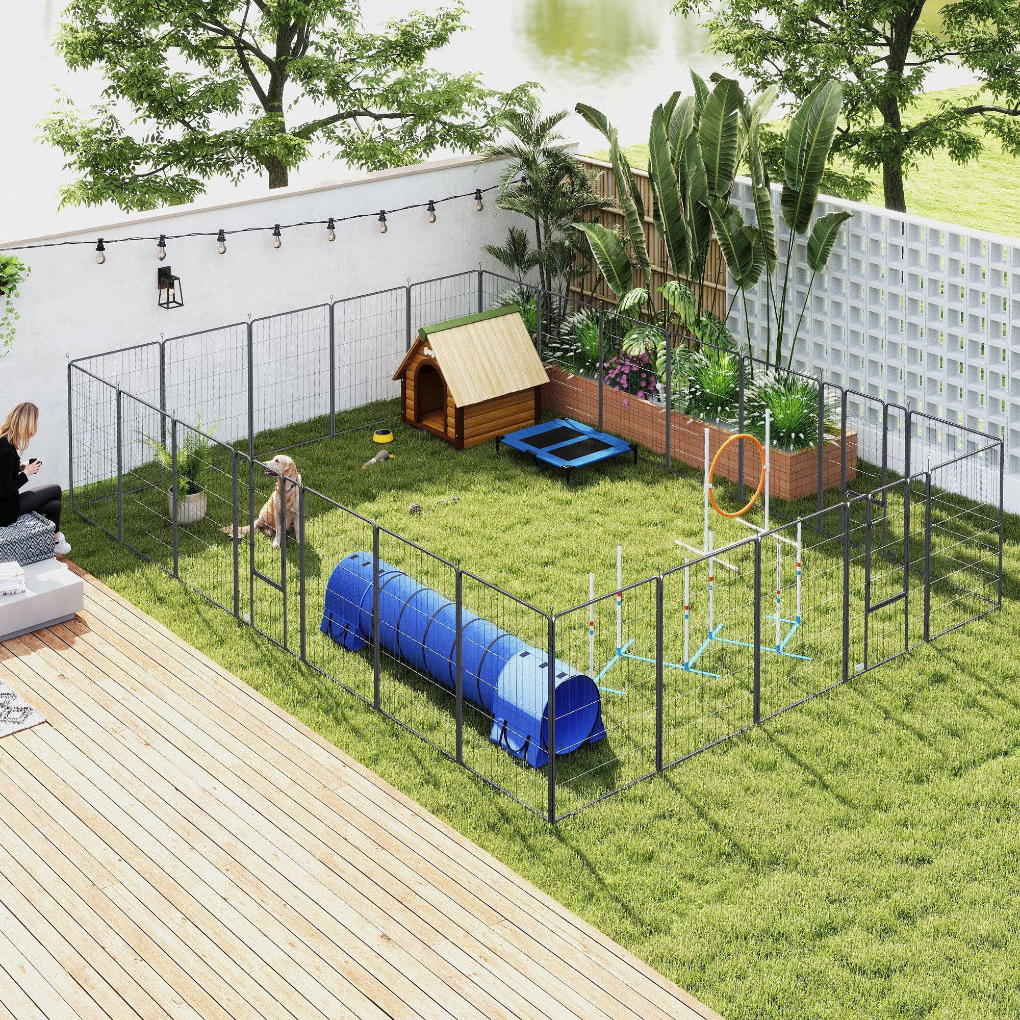 Angle. Pawhut - Dog Playpen, 44.5" H 24 Panels, Puppy Exercise Pen, Lockable Door, Indoor/Outdoor, DIY Shape, Small/Medium/Large.