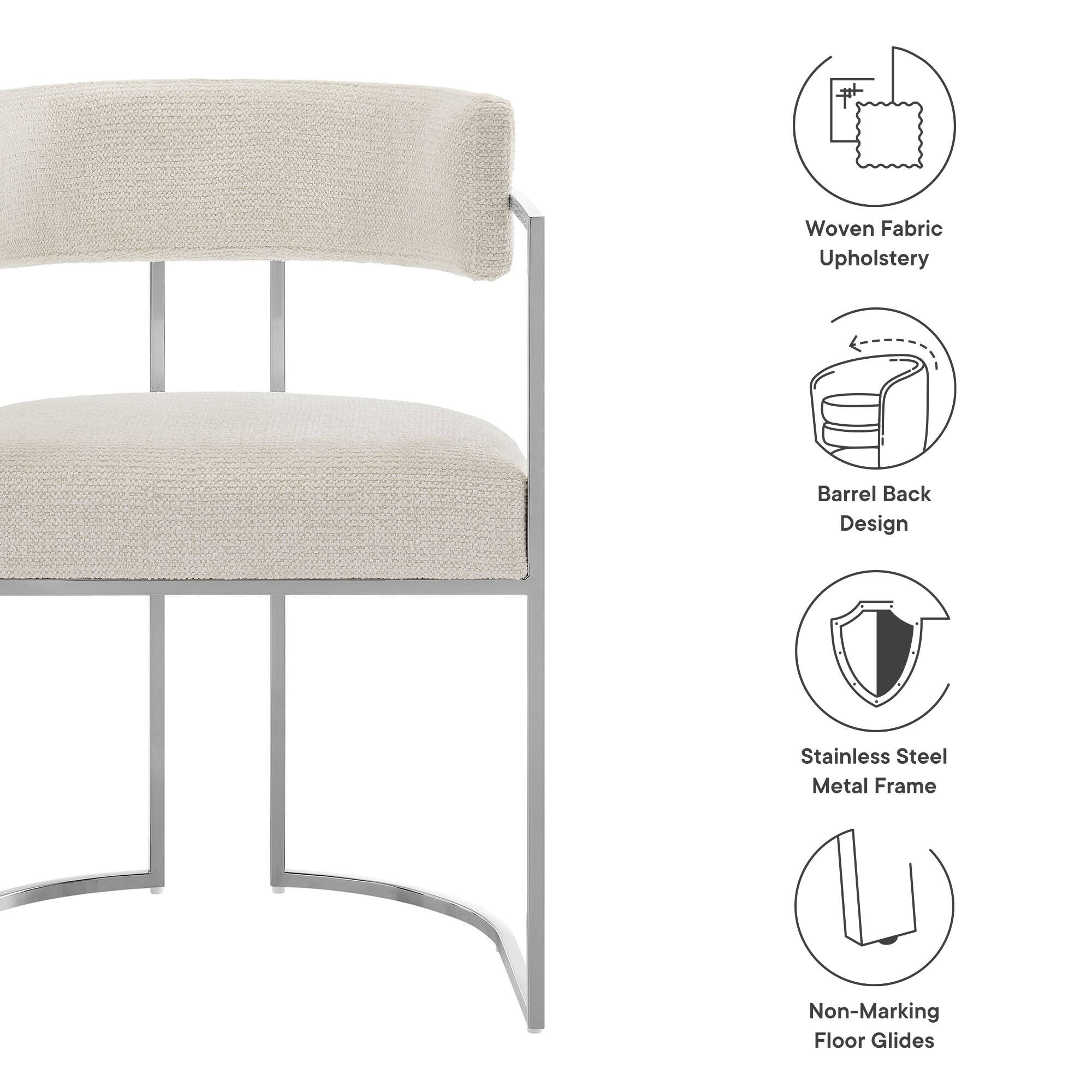 - Woven Fabric Upholstery
- Barrel Back Design
- Stainless Steel Metal Frame
- Non-Marking Floor Glides