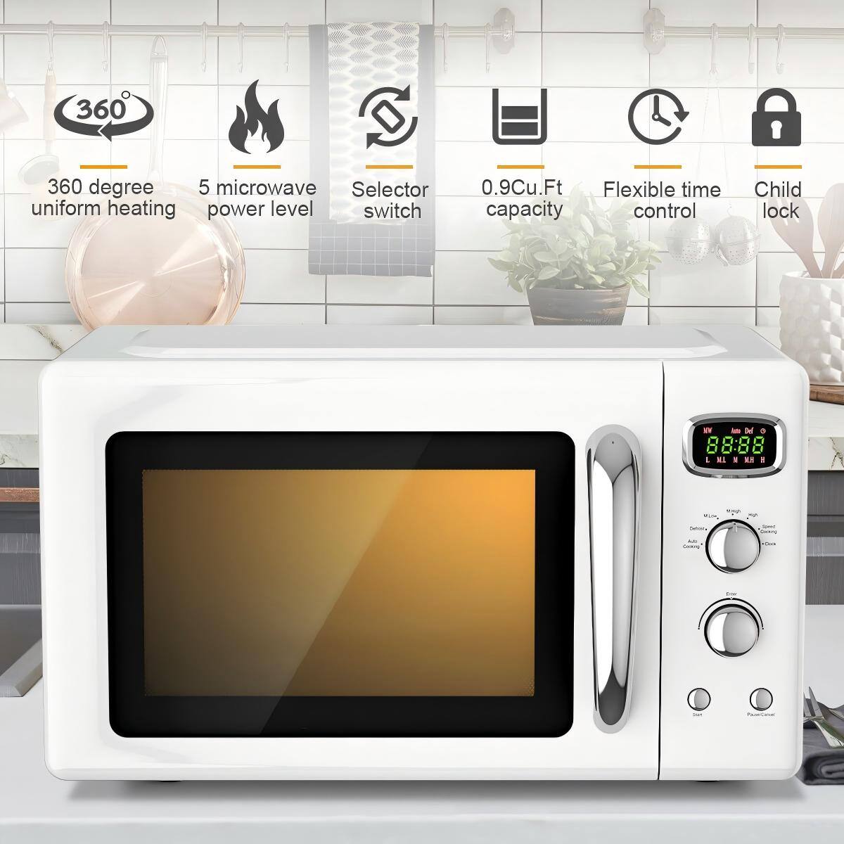 360 degree uniform heating  
5 microwave power level  
Selector switch  
0.9Cu.Ft capacity  
Flexible time control  
Child lock