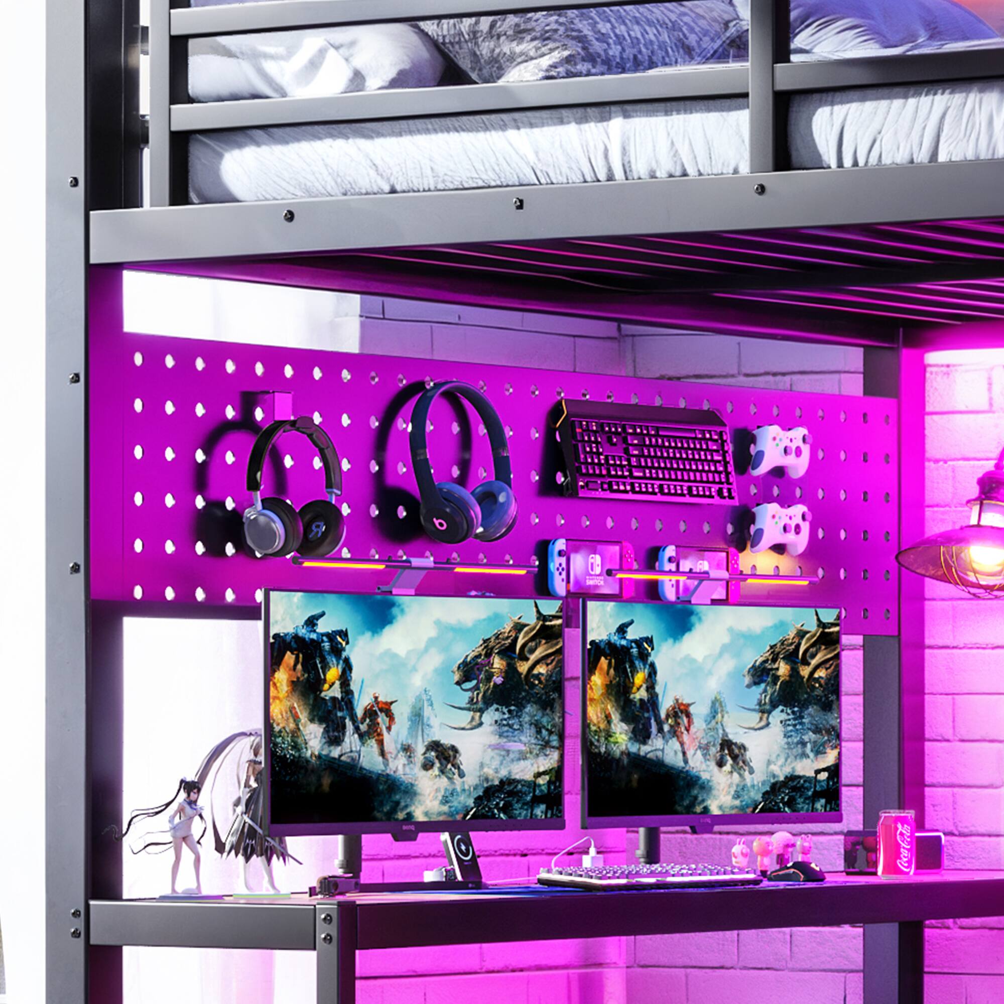 Angle. Anysun - Queen Loft Bed w/ Storage Shelves, Desk, USB Ports, Lights, Hanging Rod, Cave Board Design, Metal Frame - Black.