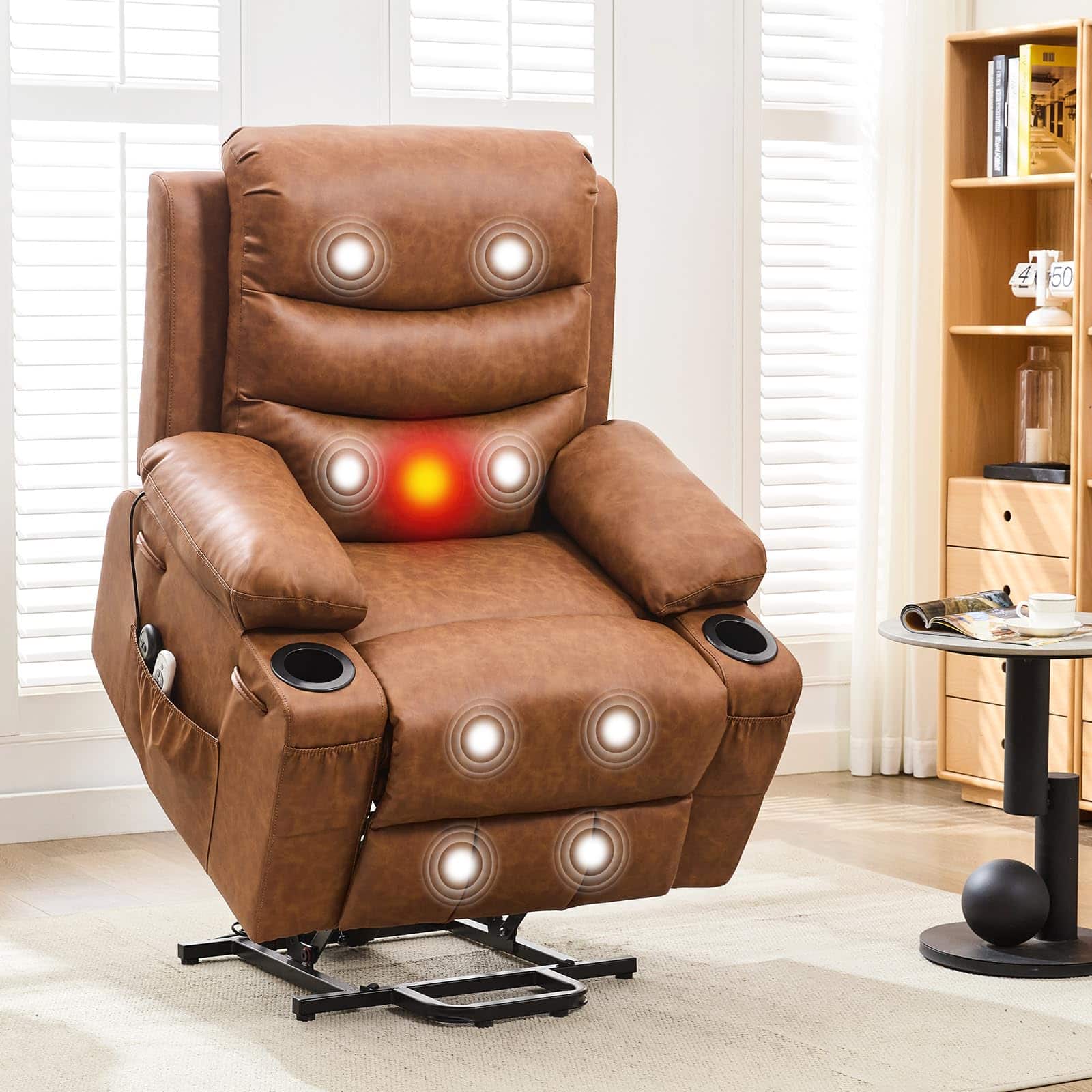 Jojoka - 34.7" Oversize Electric Power Lift Recliner with Heat and Massage, Stand Assist PU Leather Recliner for Elderly - PU | Vintage Brown
