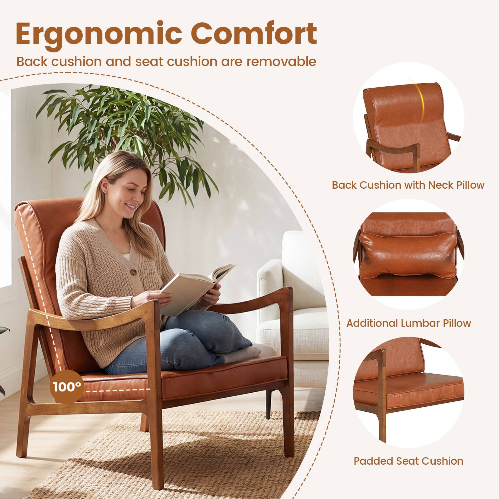 Ergonomic Comfort  
Back cushion and seat cushion are removable  

Back Cushion with Neck Pillow  
Additional Lumbar Pillow  
Padded Seat Cushion