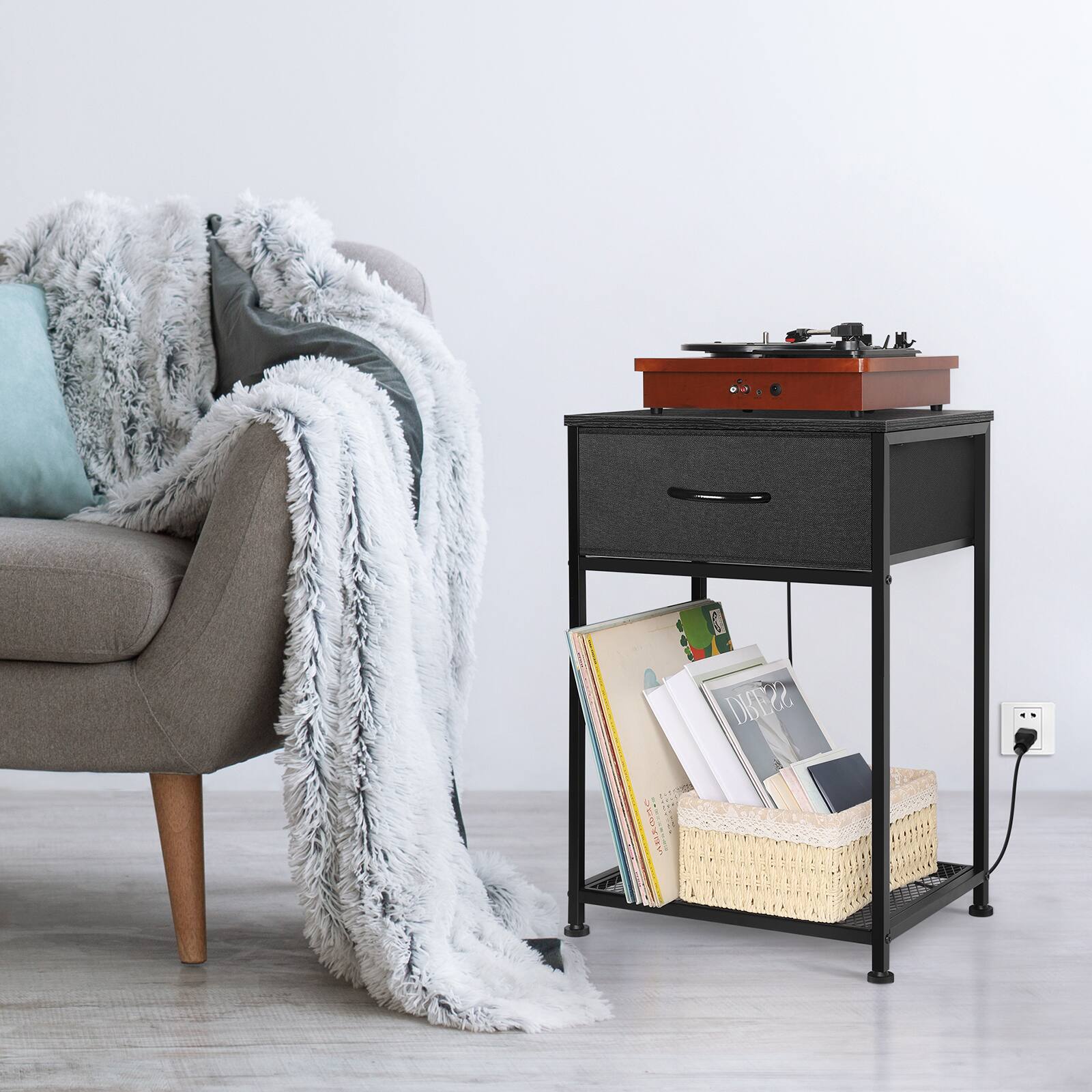 Alt View 2. Oumilen - Set of 2 End Tables with Fabric Drawer, Mesh Shelf & Charging Station, Black - Black.