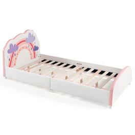 Costway - Kids Upholstered Platform Bed Children Twin Size Wooden Bed Rainbow Pattern - White